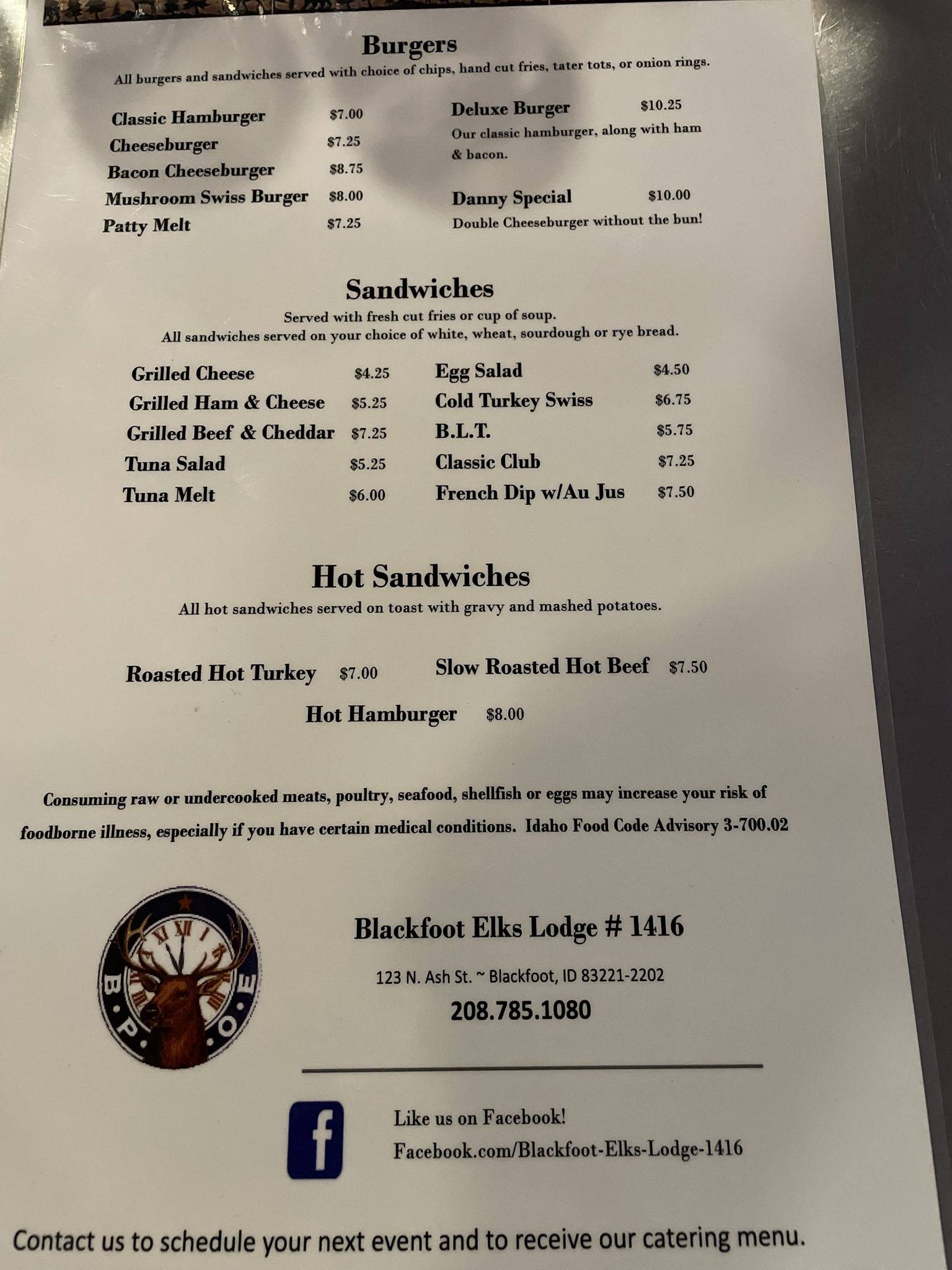 Menu at Elks Lodge pub & bar, Blackfoot