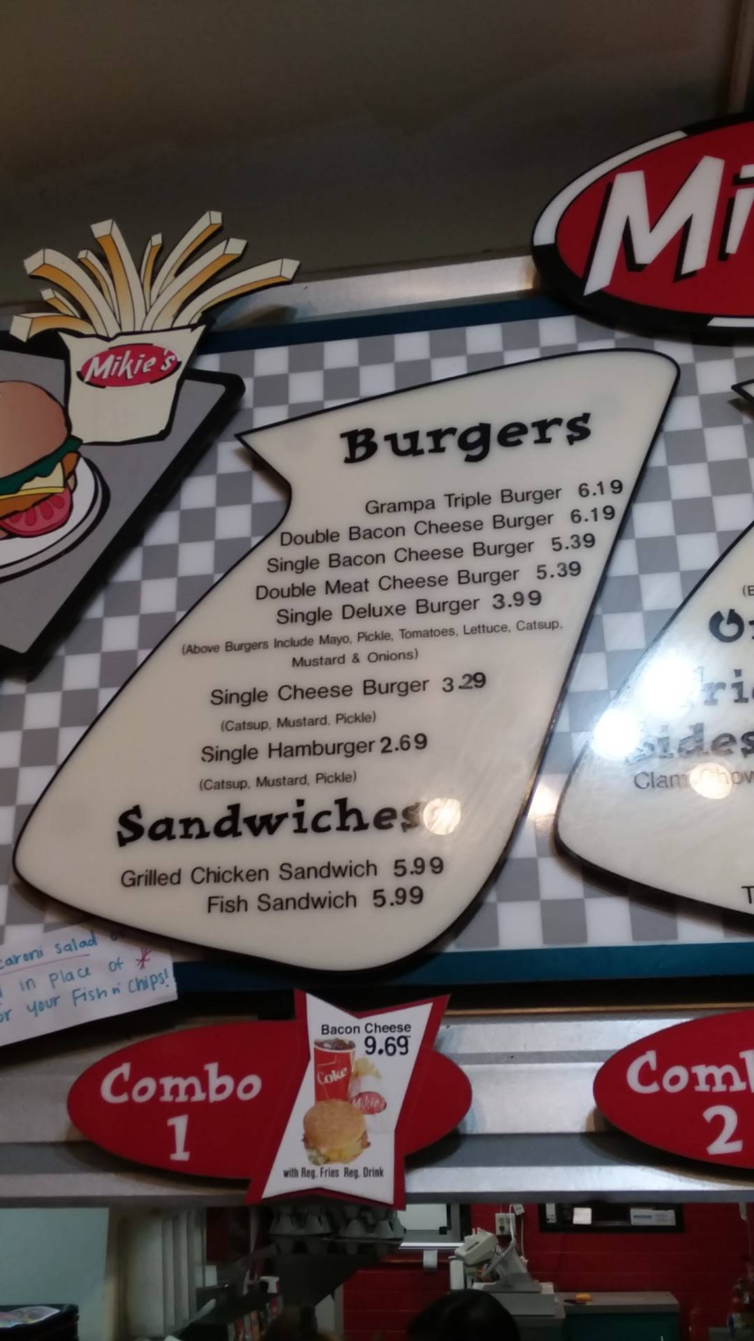 Menu at Mikie's restaurant, Everett