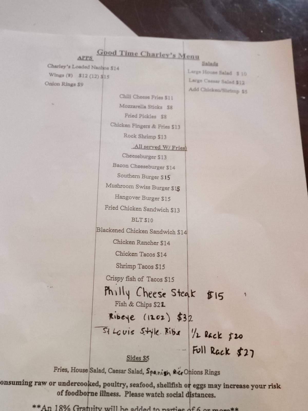 Menu at Good Time Charley's pub &amp; bar, Myrtle Beach