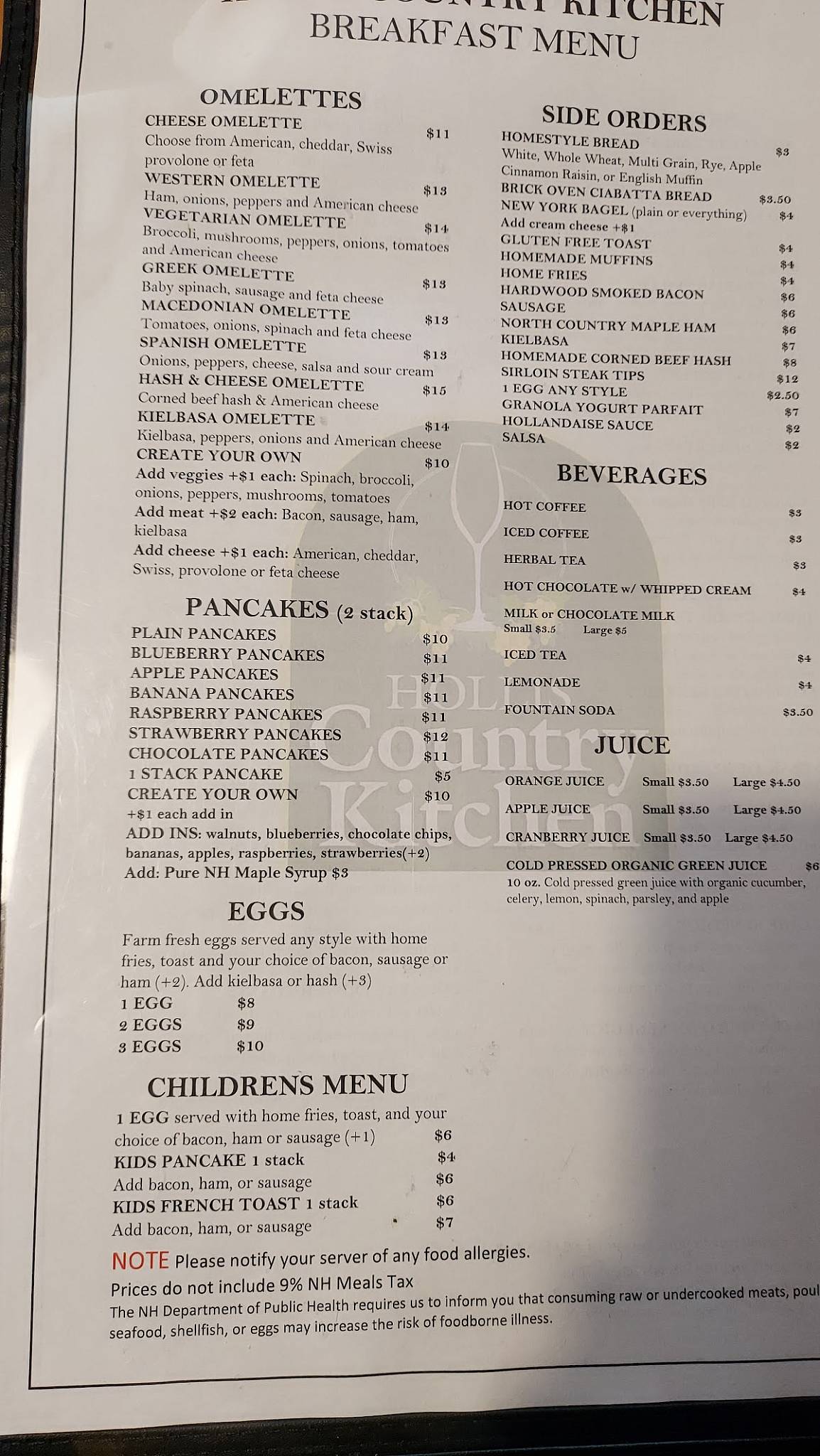 Menu at Hollis Country Kitchen restaurant, Hollis, 3 Proctor Hill Rd