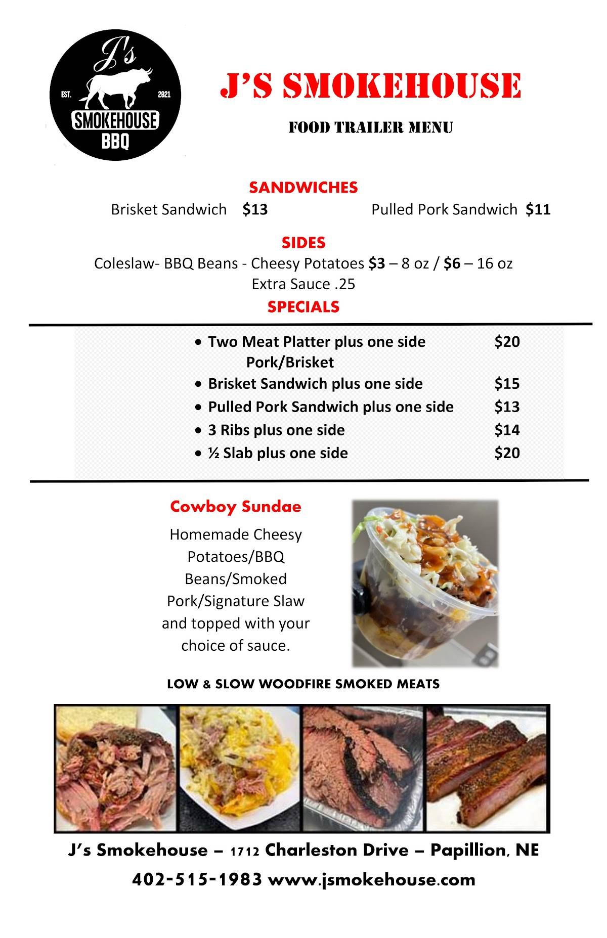Menu at J's Smokehouse BBQ Papillion, Papillion