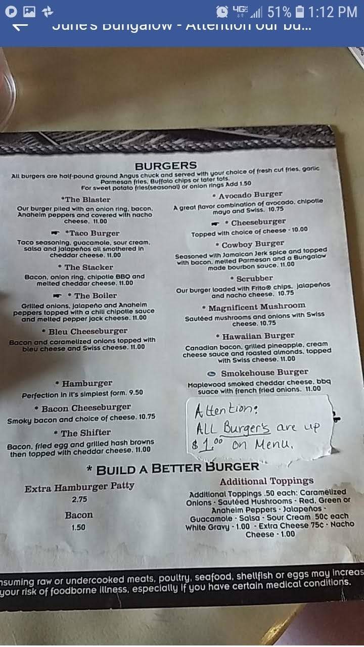 Menu at June's Bungalow restaurant, Miles City, 153 MT59