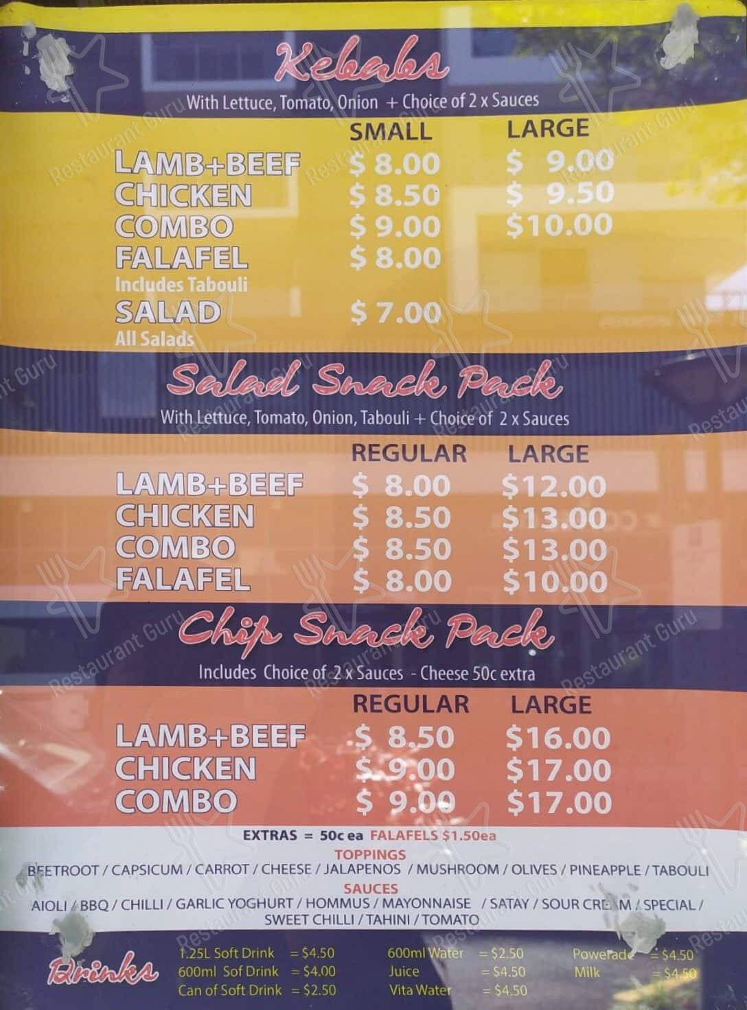 Menu at Mary's Kebab Zone restaurant, Wynnum