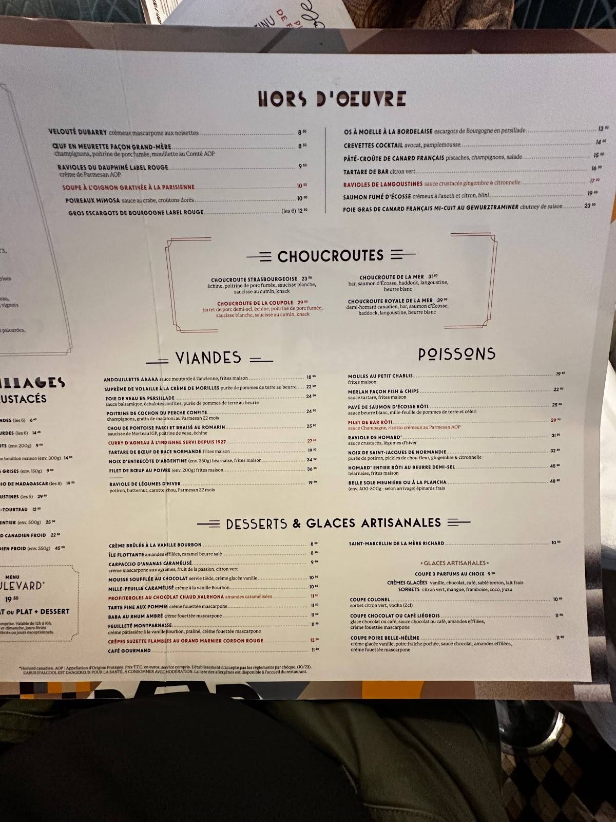 Menu au La Coupole café, Paris, 102 Boulevard du Montparnasse