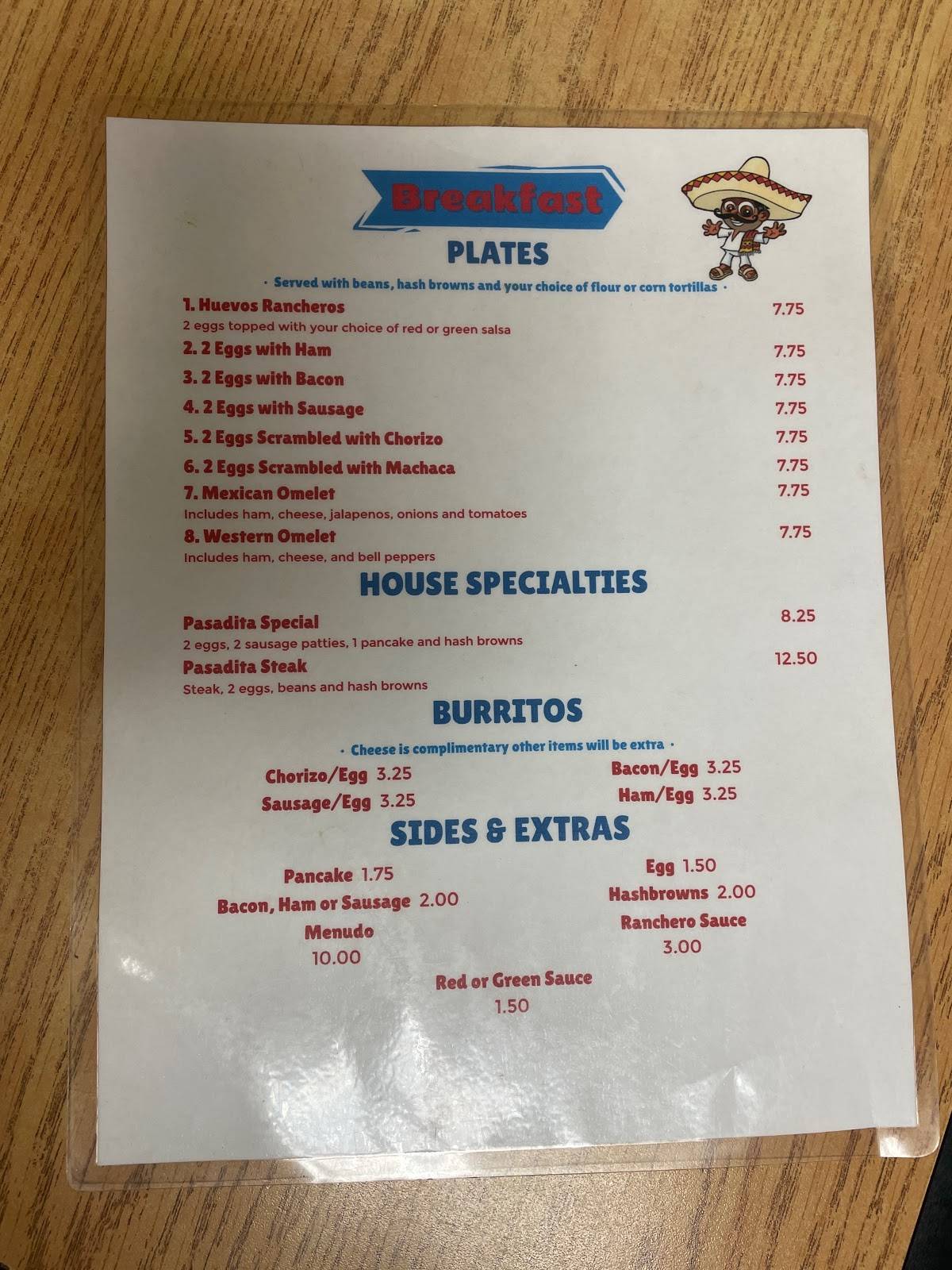Menu at La Pasadita Mexican Food restaurant, Dalhart
