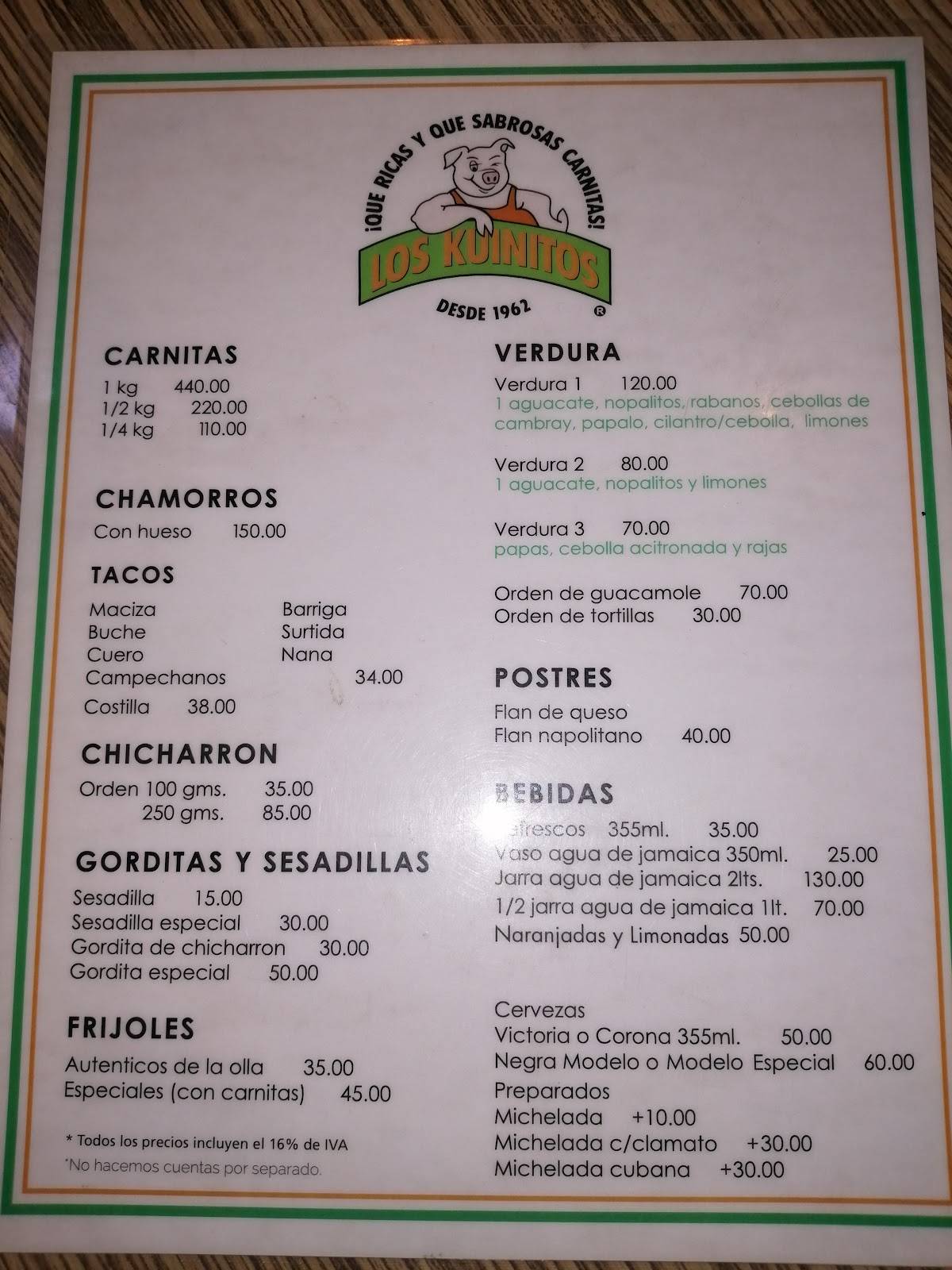 Carta Del Restaurante Los Kuinitos Ciudad López Mateos Enrique Rébsamen 446 6060