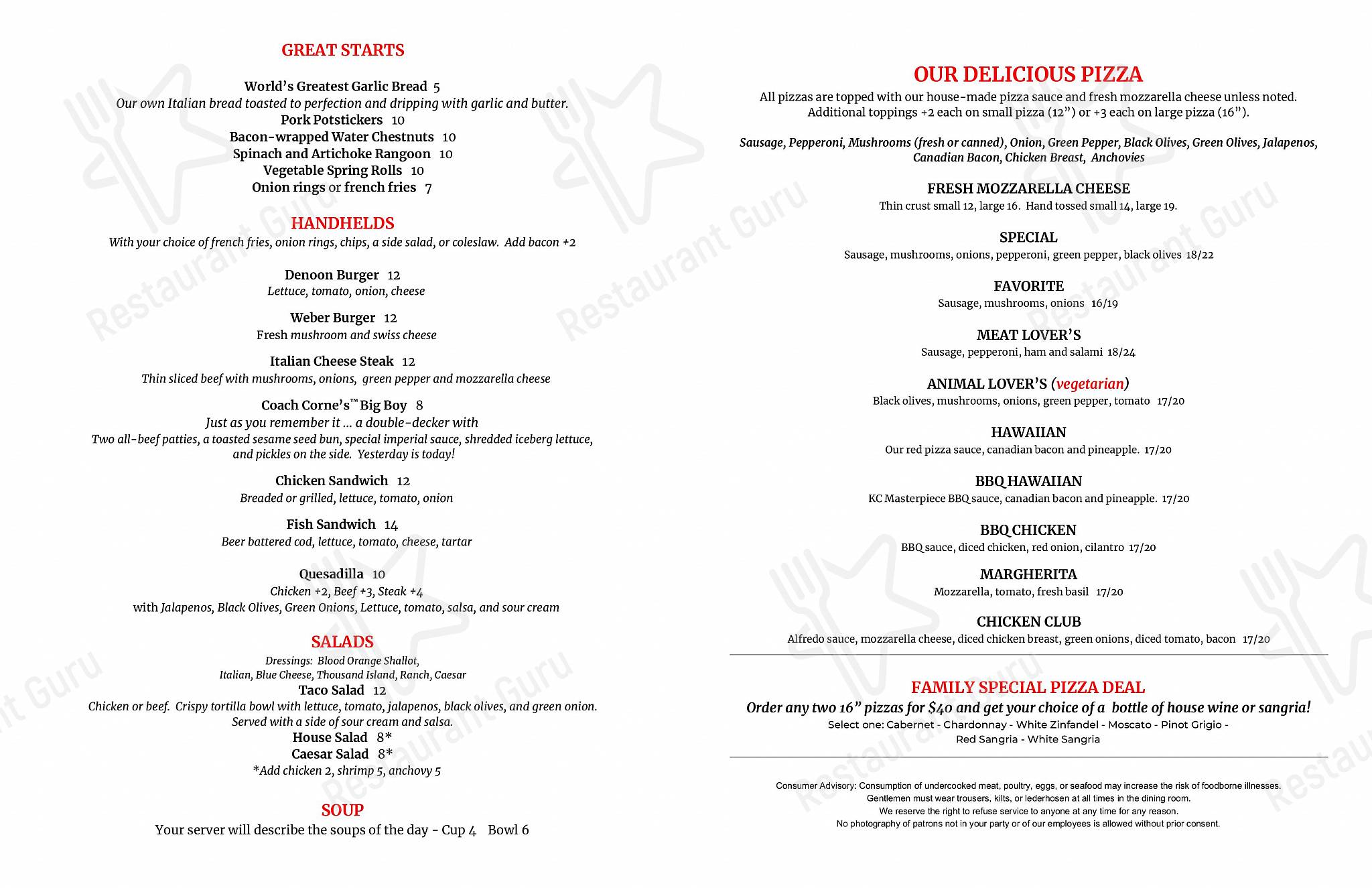 Menu at Coach's on the Lake restaurant, Muskego