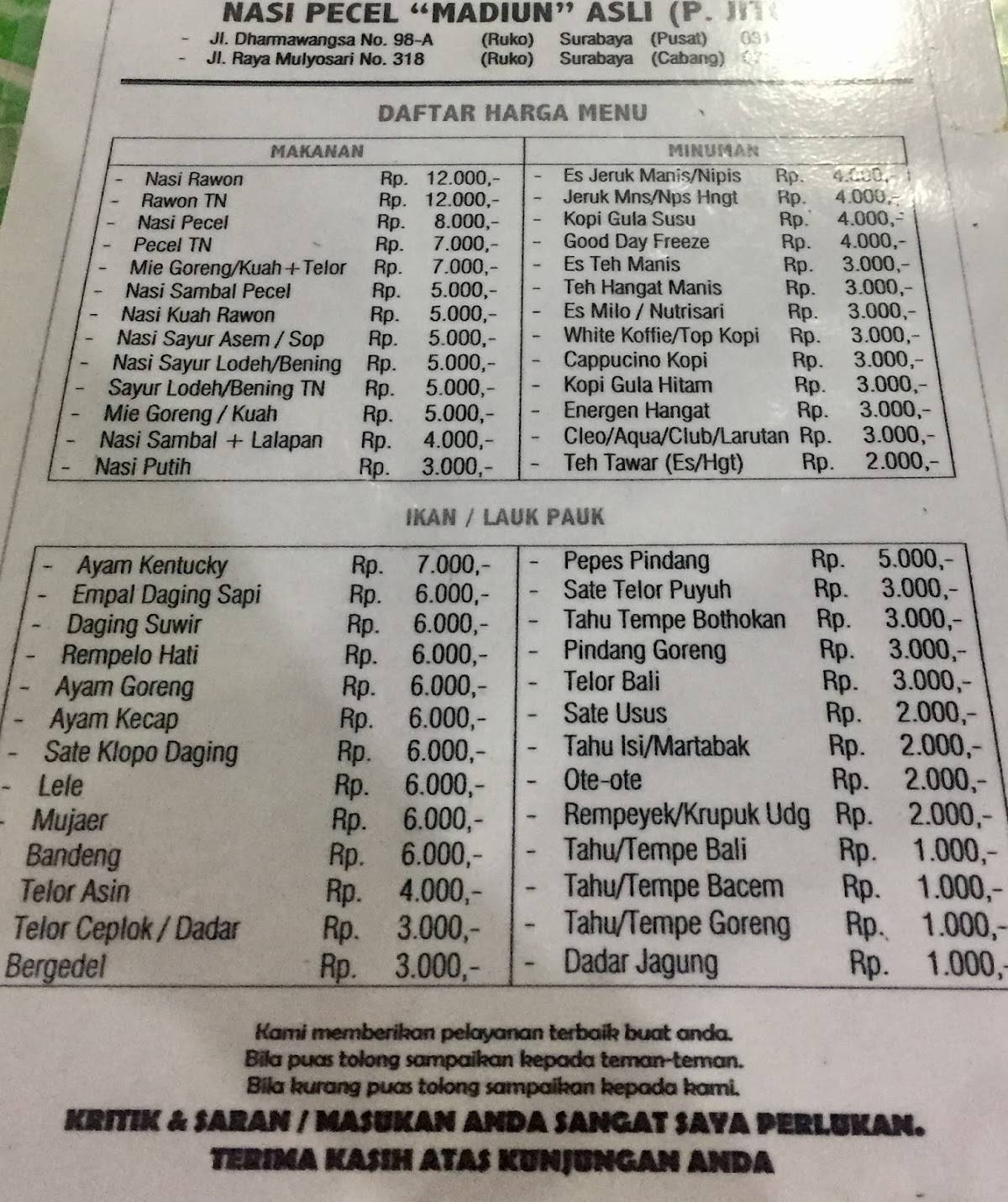 Carta Del Restaurante Nasi Pecel Madiun Pak Jito Surabaya