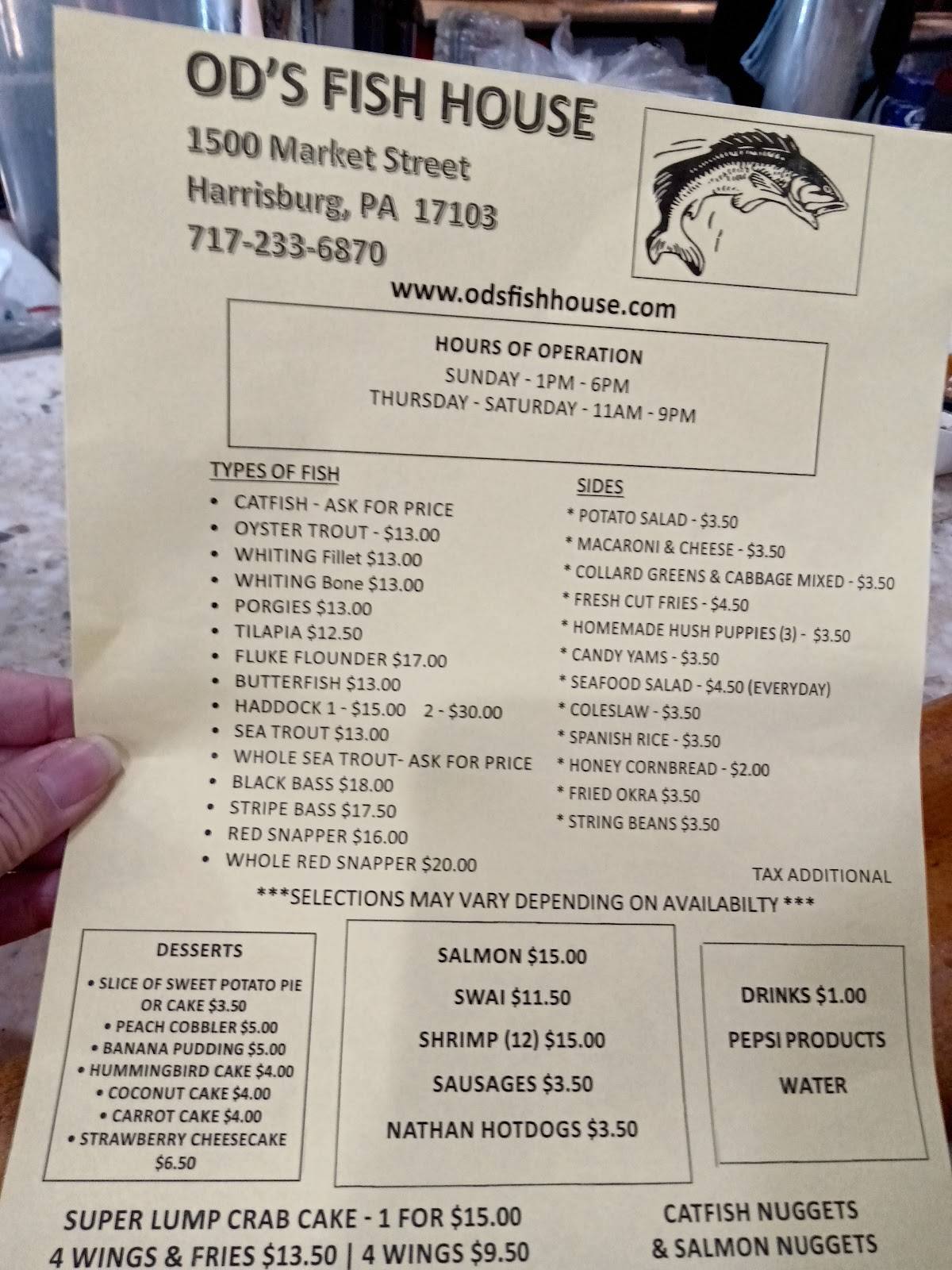 Menu at Od's Fish House restaurant, Harrisburg