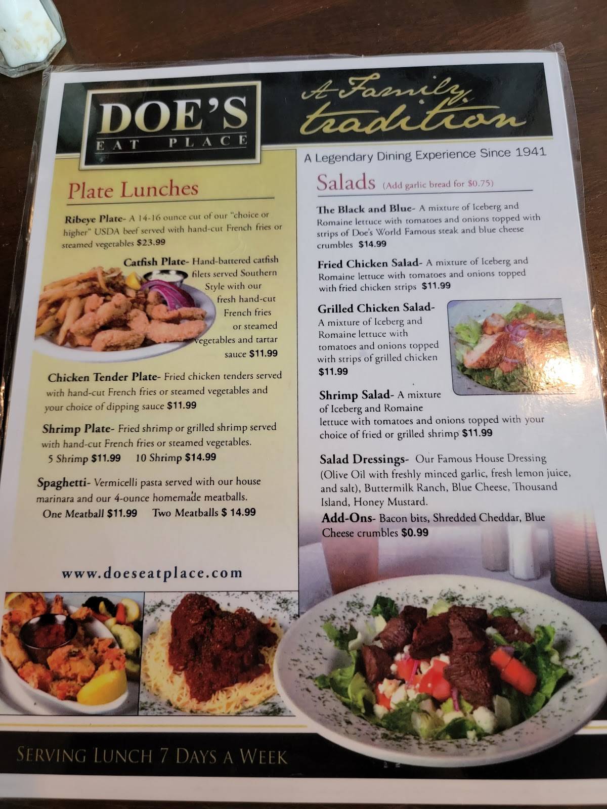 Menu at Doe's Eat Place steakhouse, Paducah