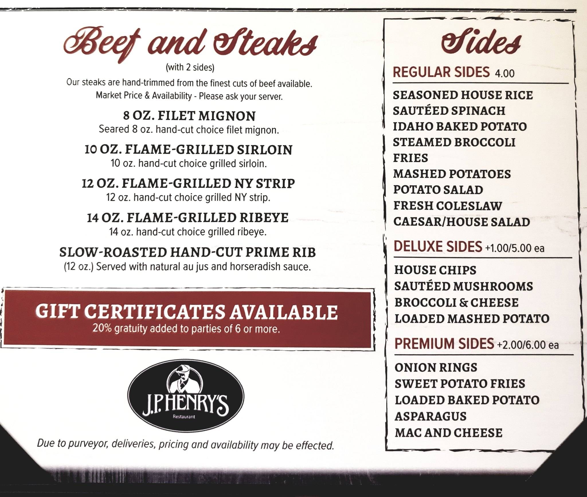 Menu at J.P. Henry's Restaurant, Parkersburg