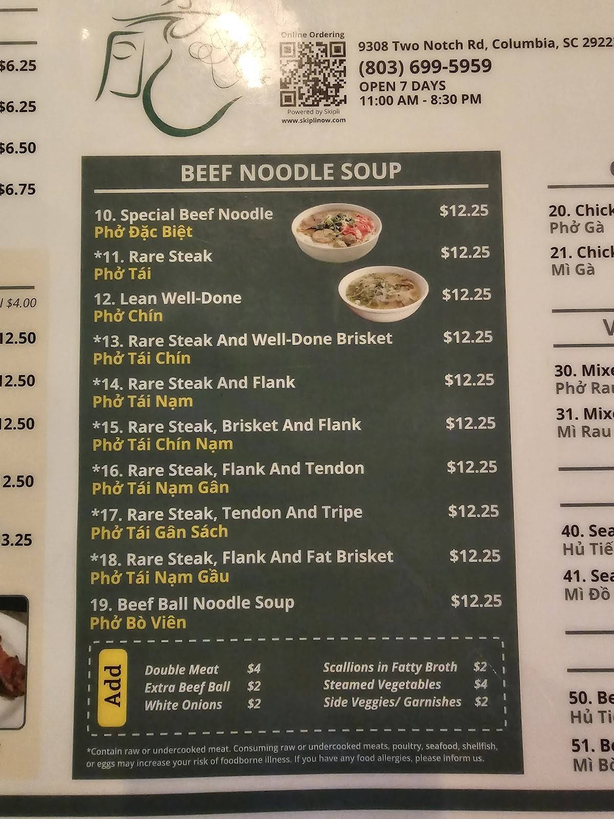 Menu at Pho Viet restaurant, Columbia, Two Notch Rd