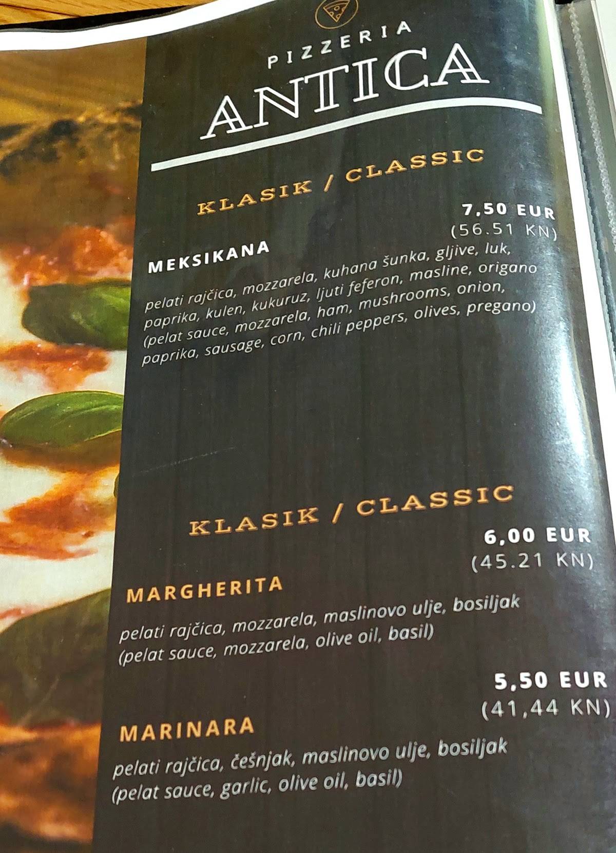 Menu at Pizzeria Antica, Ogulin