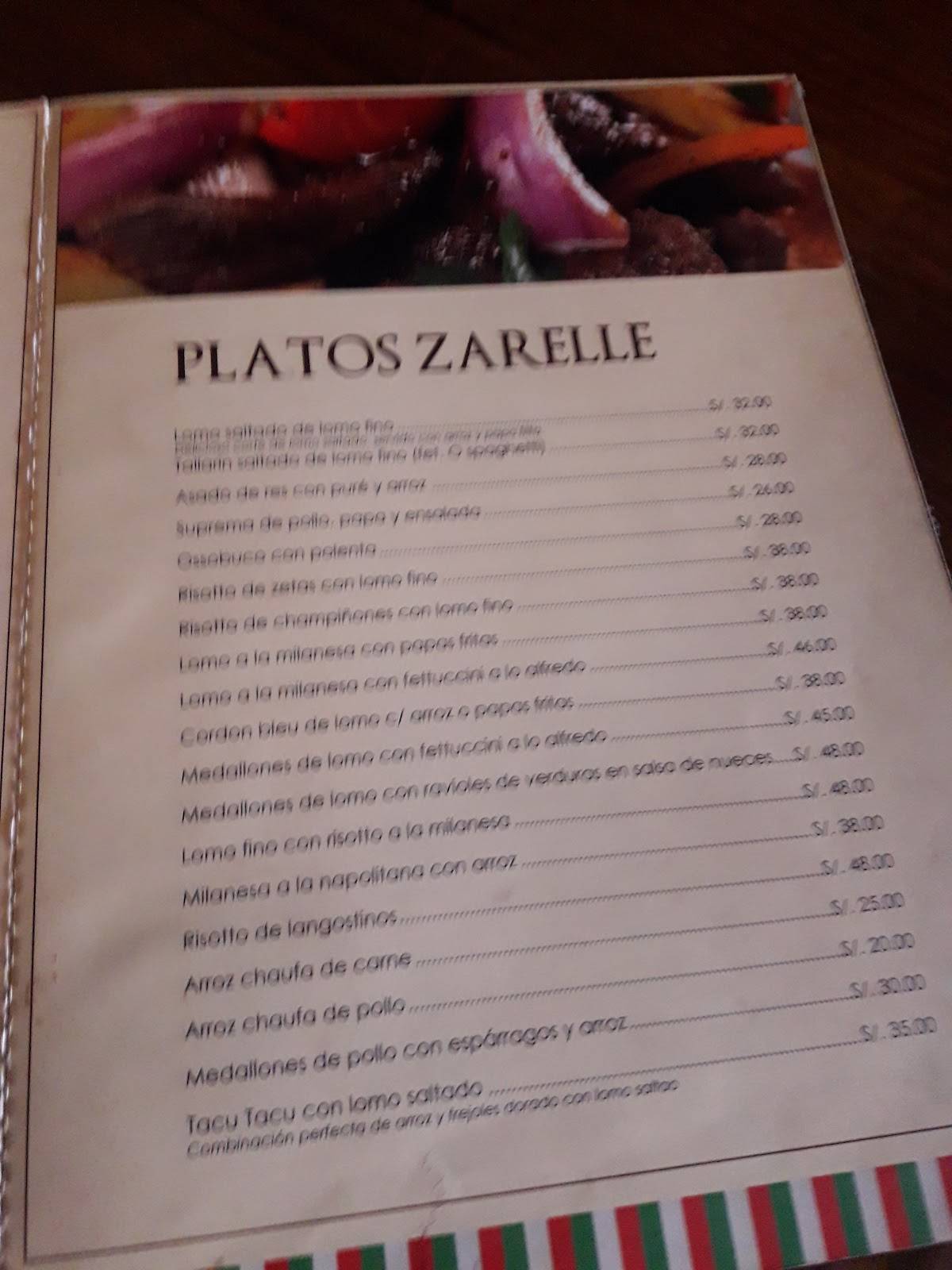 Carta de Pizzería Zarelle, Magdalena del Mar, Jr. Cuzco 471