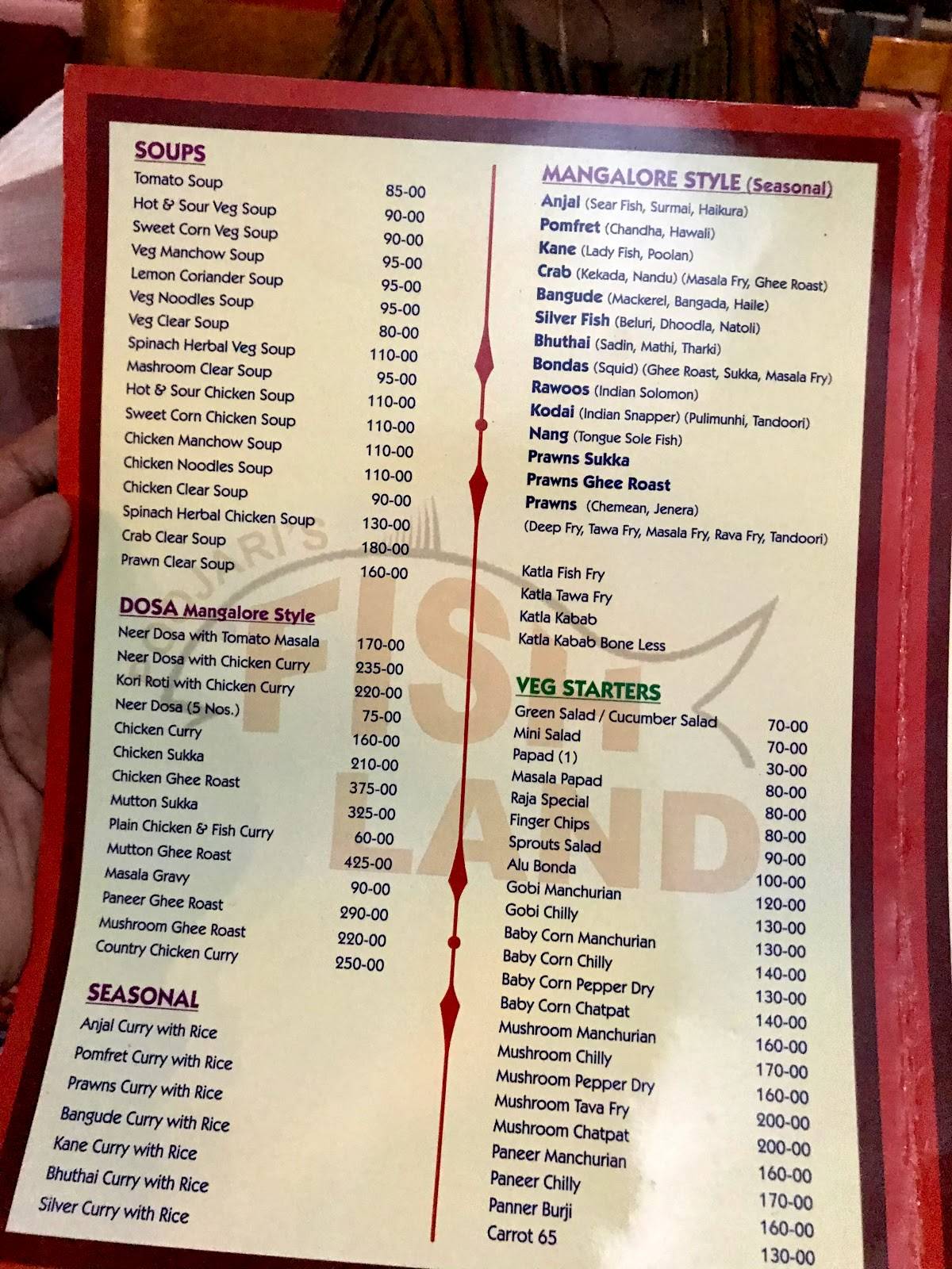 Menu at Poojari Fish Land, Mysuru