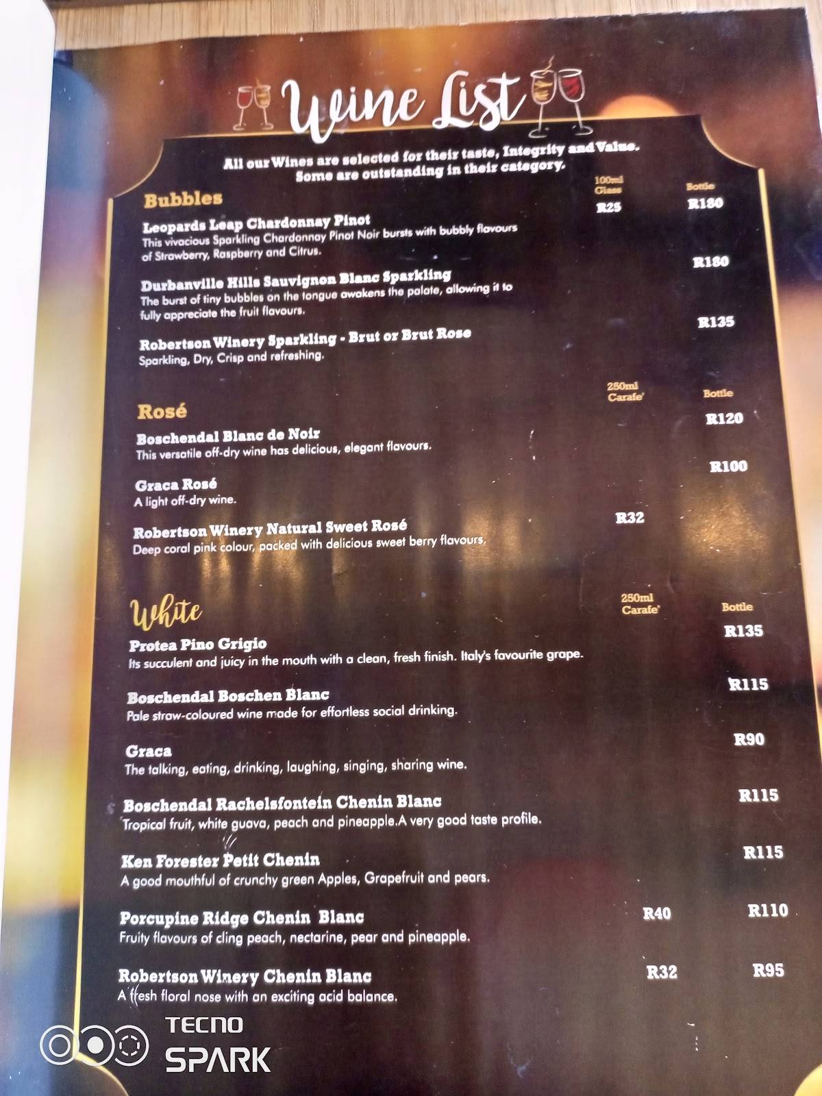 Menu at Barney's Willow Road, Port Elizabeth