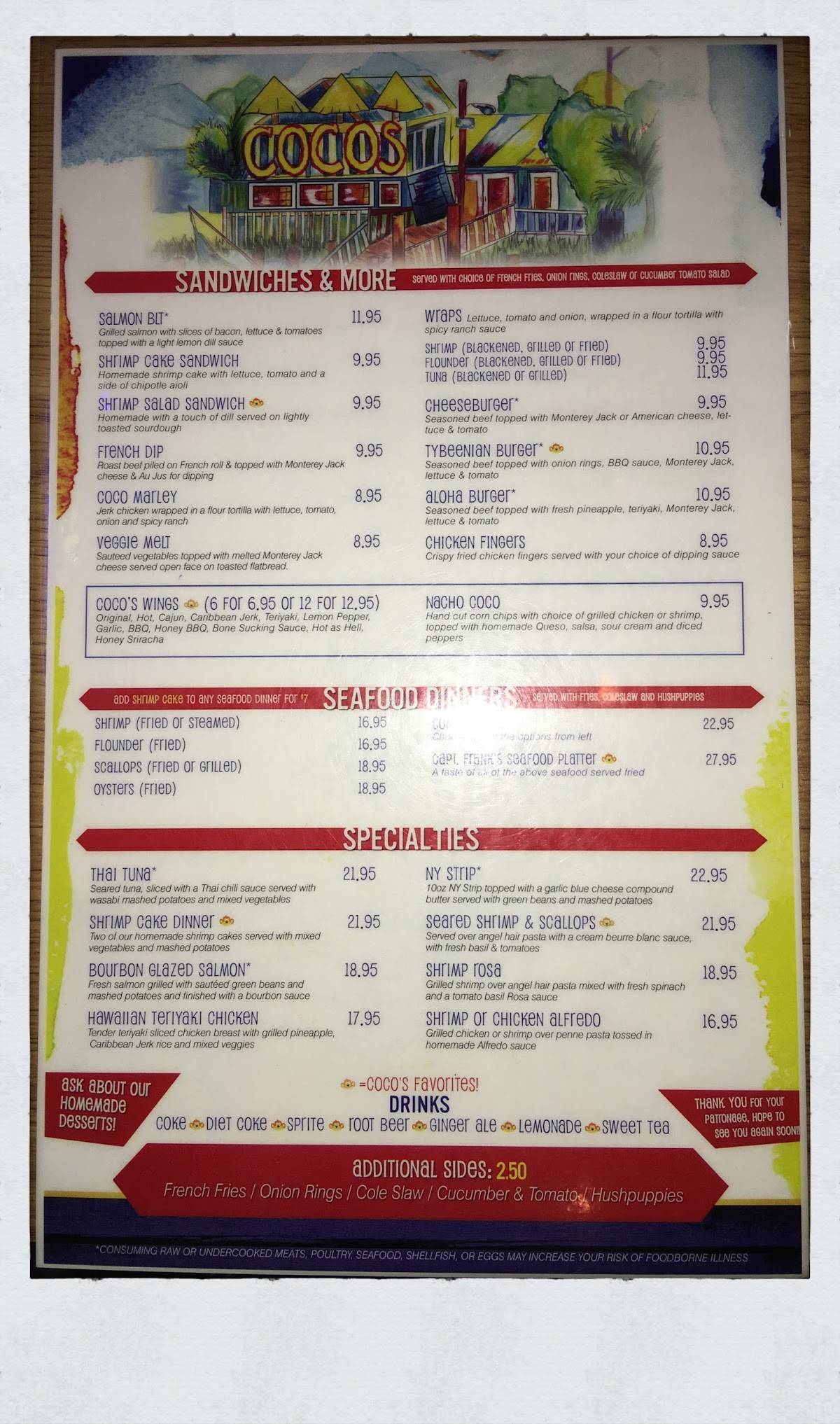 Menu at CoCo's Sunset Grille pub & bar, Tybee Island