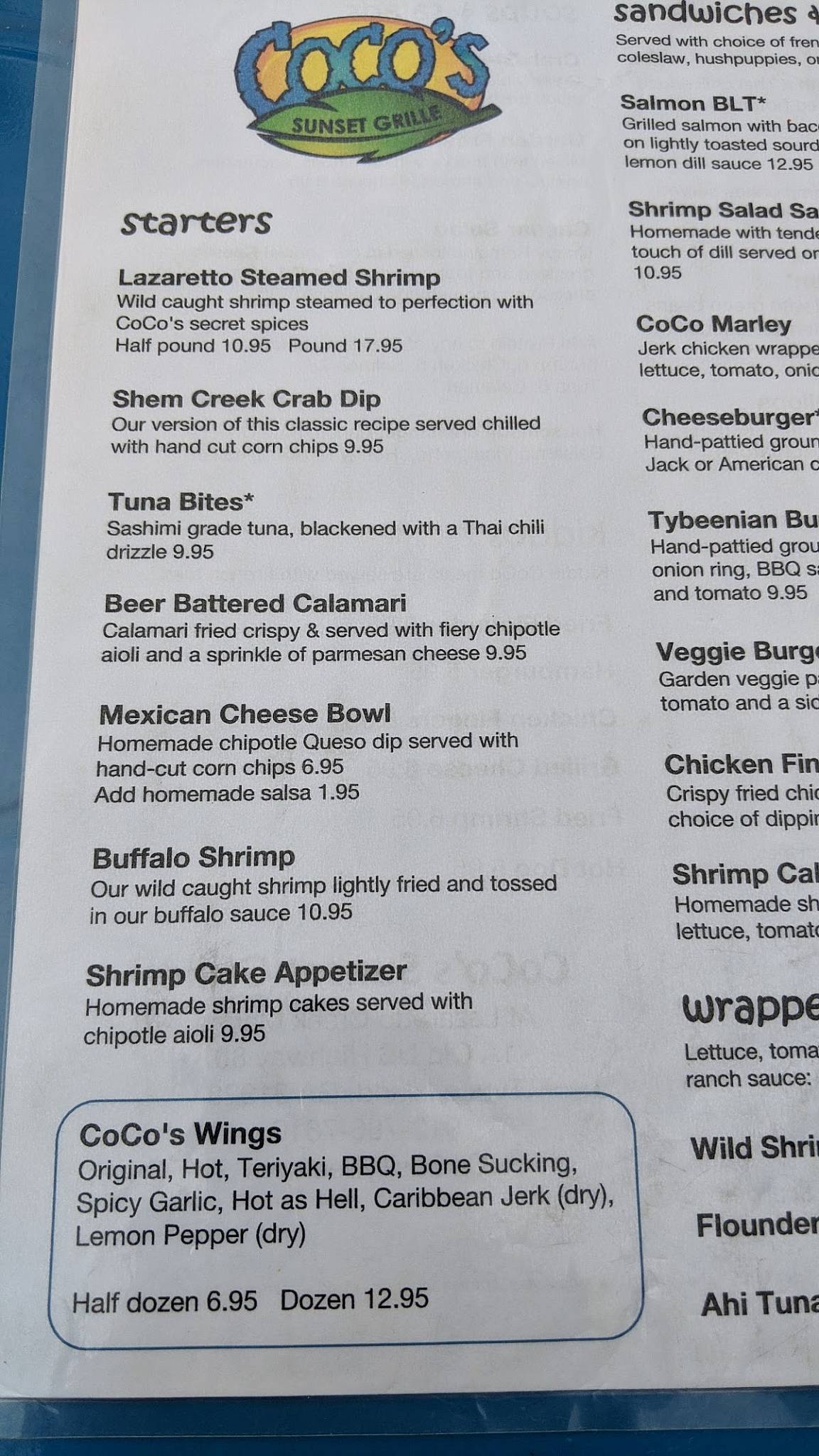 Menu at CoCo's Sunset Grille pub & bar, Tybee Island