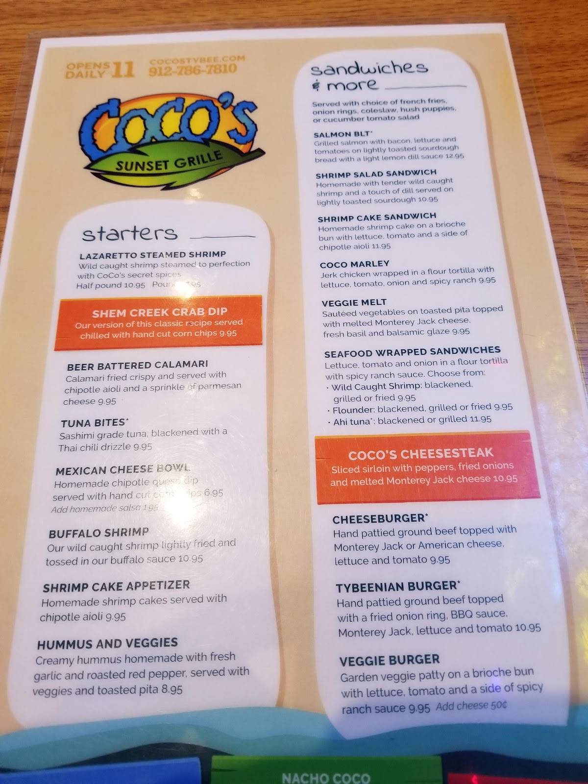 Menu at CoCo's Sunset Grille pub & bar, Tybee Island