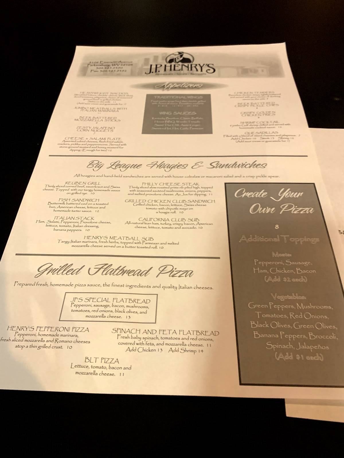 Menu at J.P. Henry's Restaurant, Parkersburg