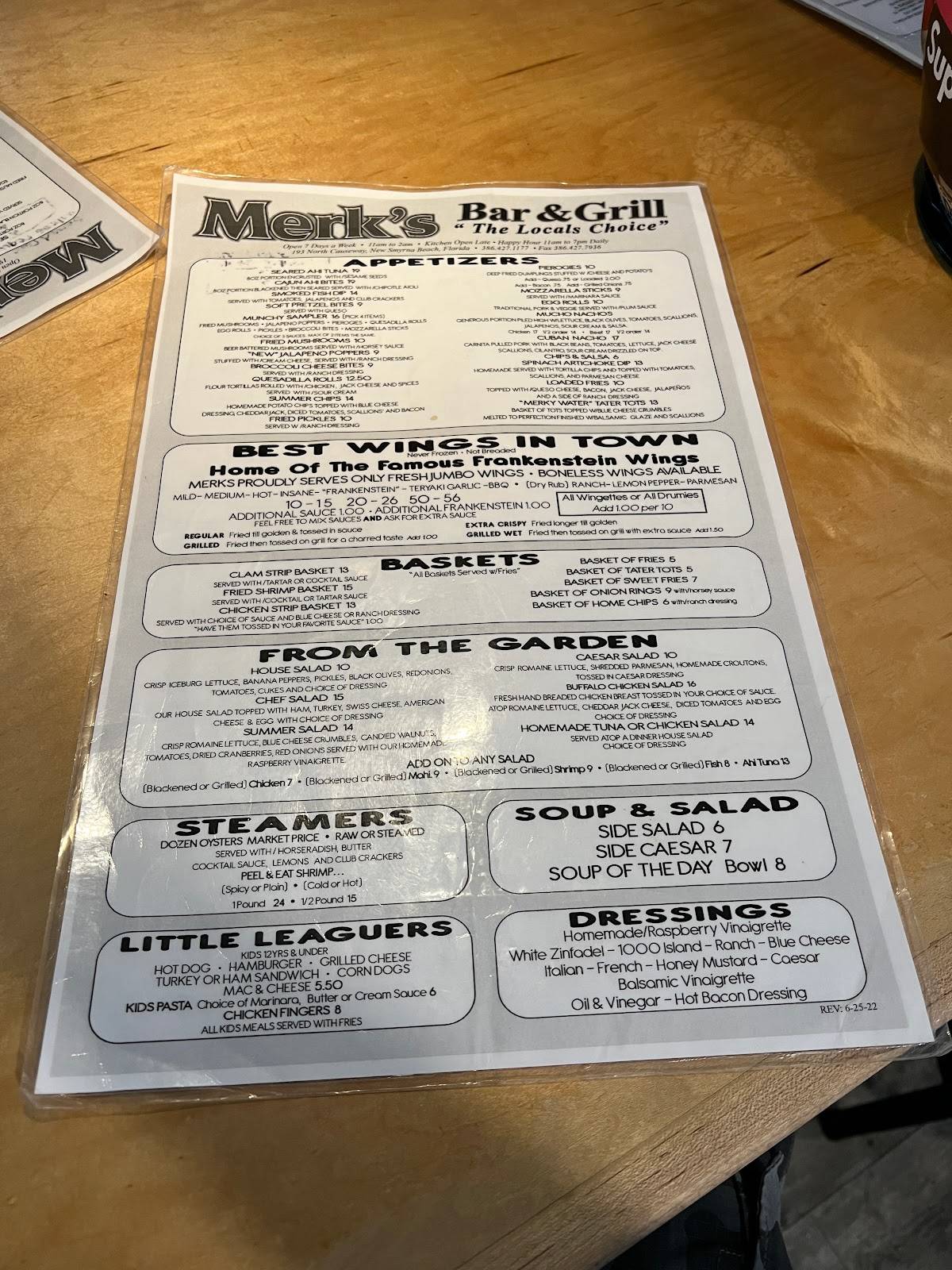 Menu at Merk's Bar & Grill, New Smyrna Beach