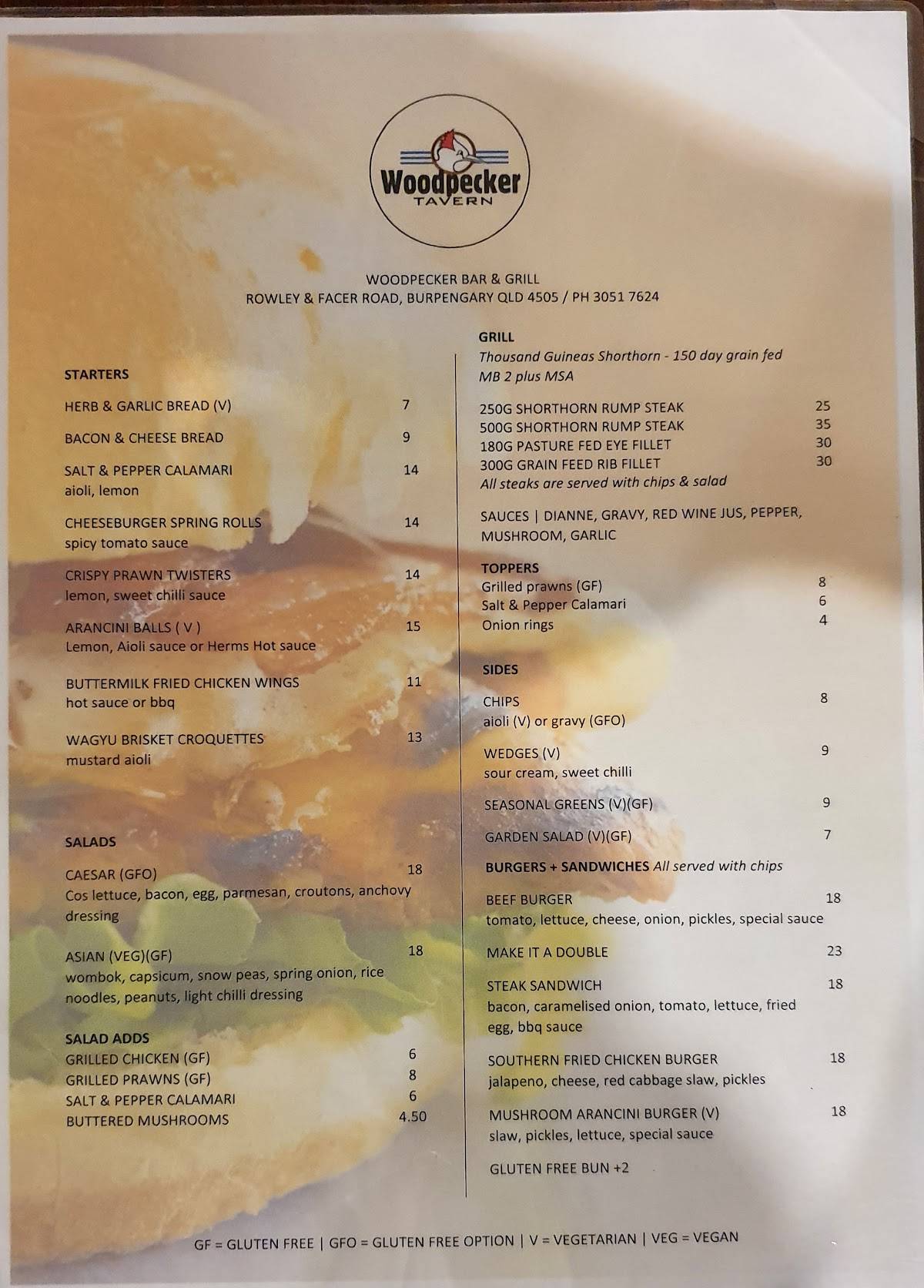 Menu at Woodpecker Bar & Grill, Burpengary