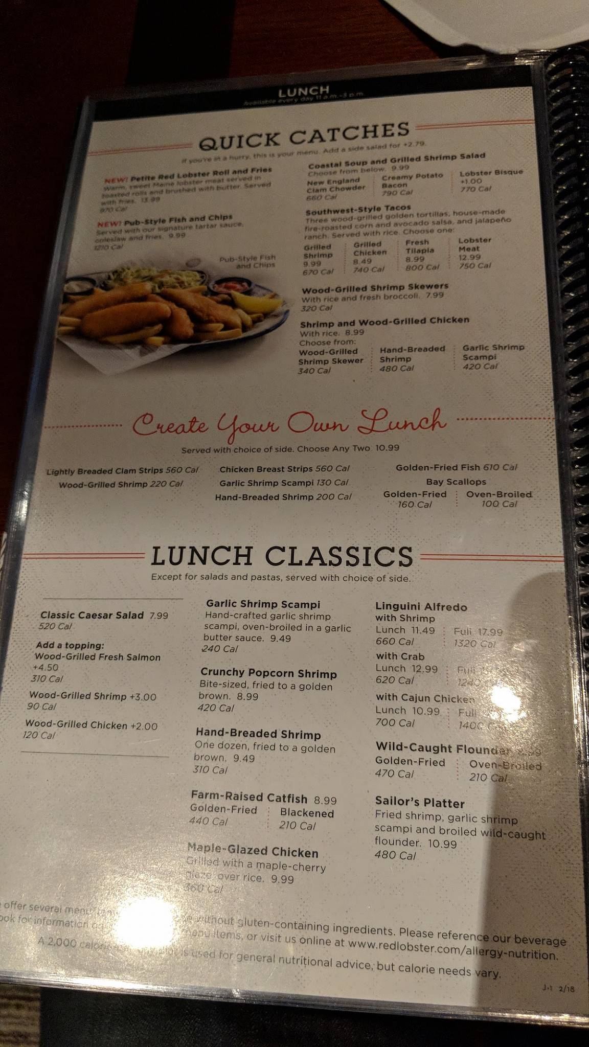 Menu at Red Lobster restaurant, Santa Fe