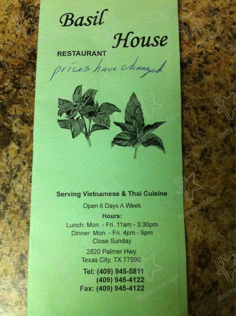 Menu at Basil House restaurant, Texas City