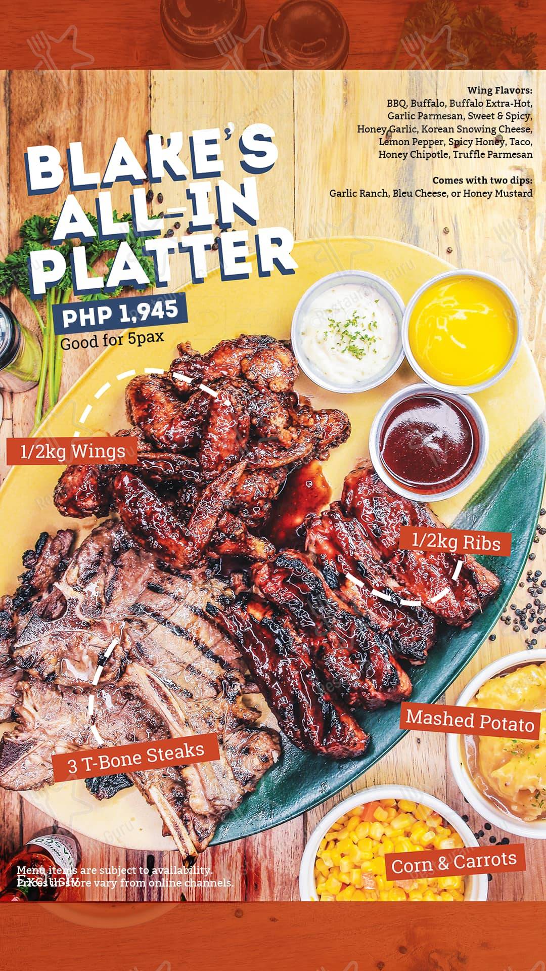 Menu at Blake's Wings & Steaks BGC restaurant, Taguig