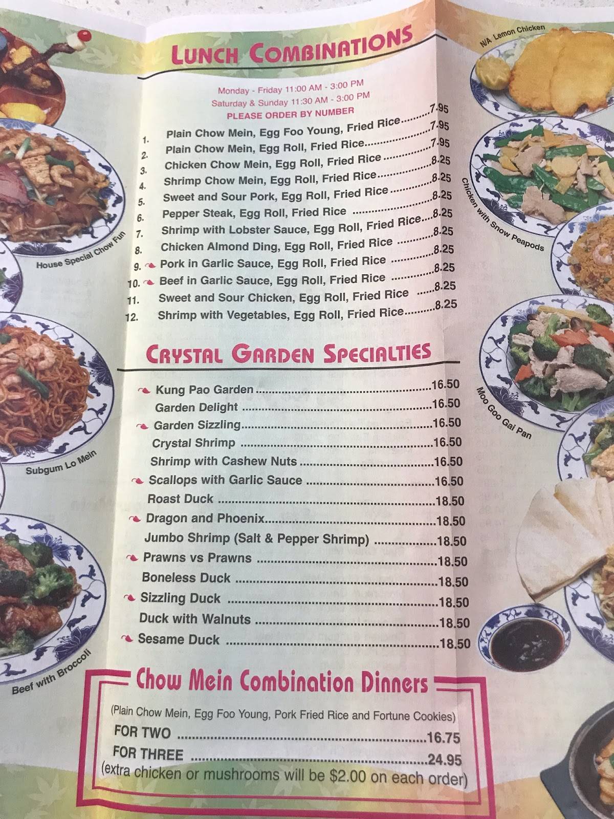 Menu at Crystal Garden restaurant, Minneapolis