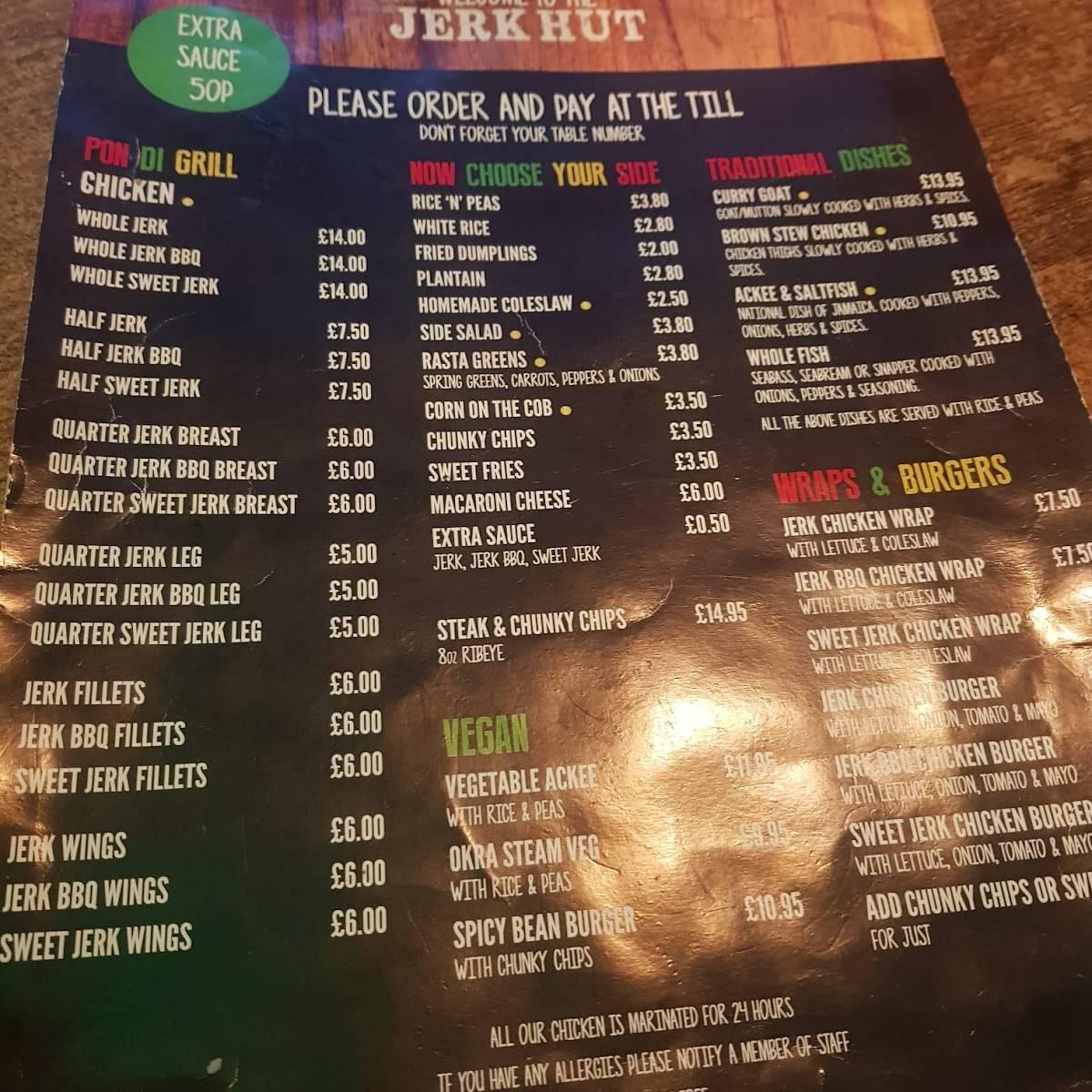 Menu at Jerk Hut restaurant, Bournemouth, 579 Christchurch Rd