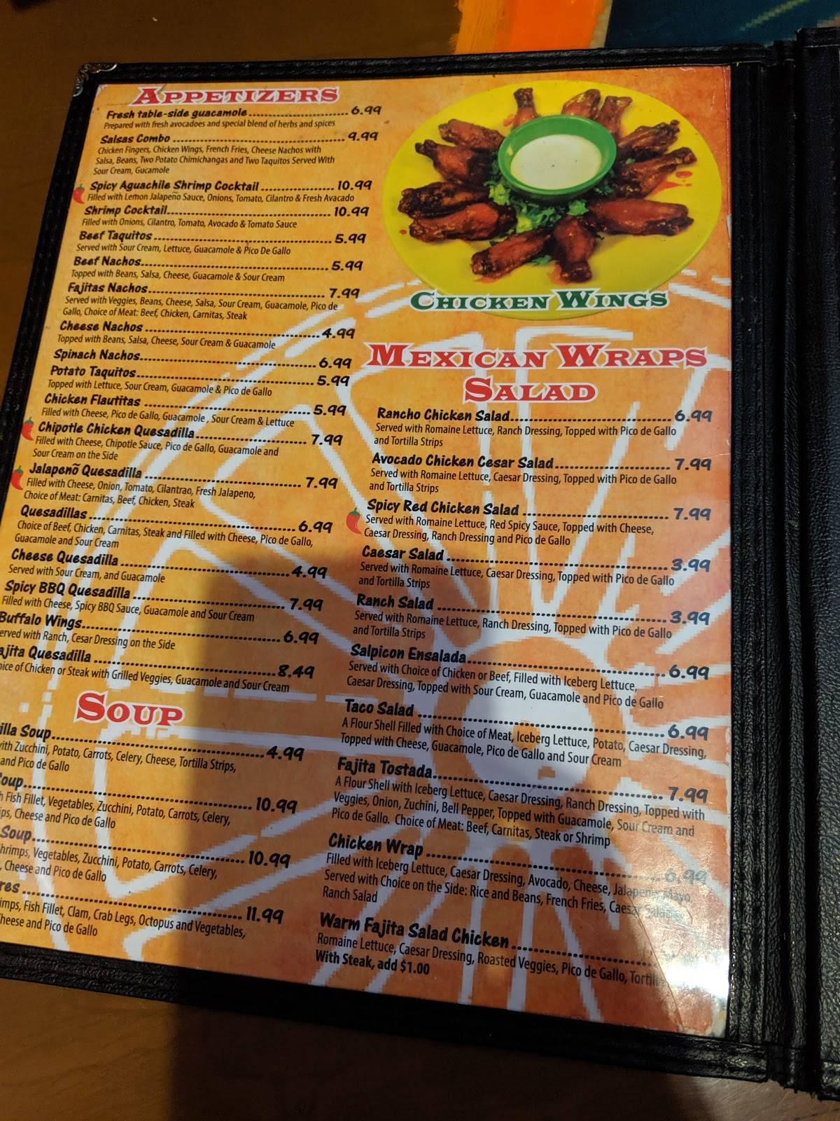 Menu at Las Salsas restaurant,