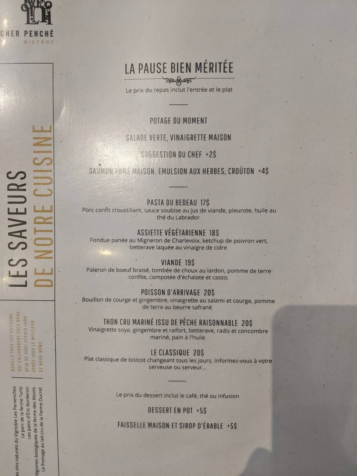 Menu au Le Clocher Penché restaurant, Québec