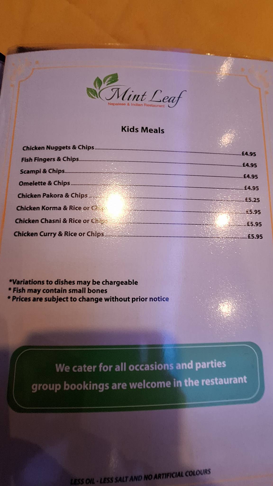 Menu at Mint leaf Nepalese and indian restaurant, Stirling