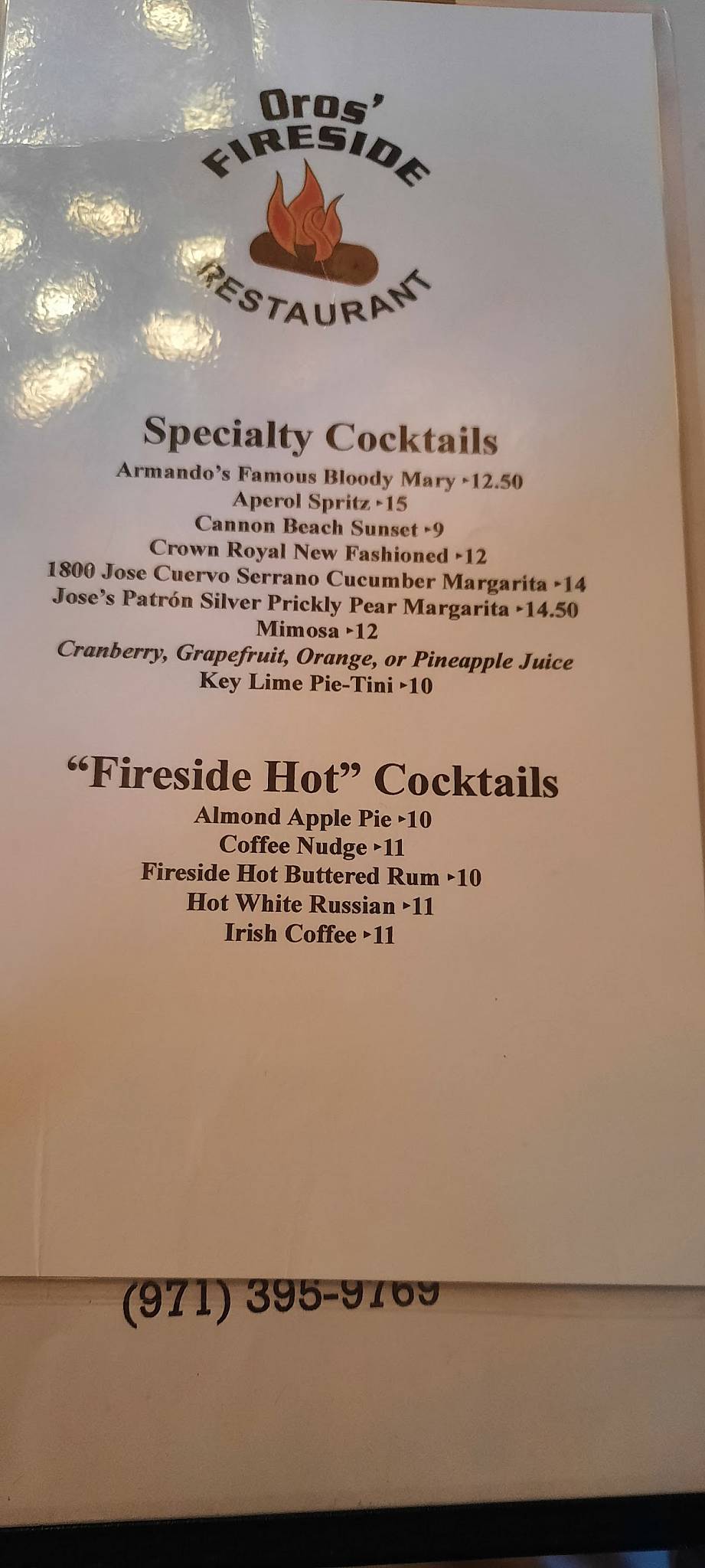 Menu at Oros Fireside Restaurant, Cannon Beach