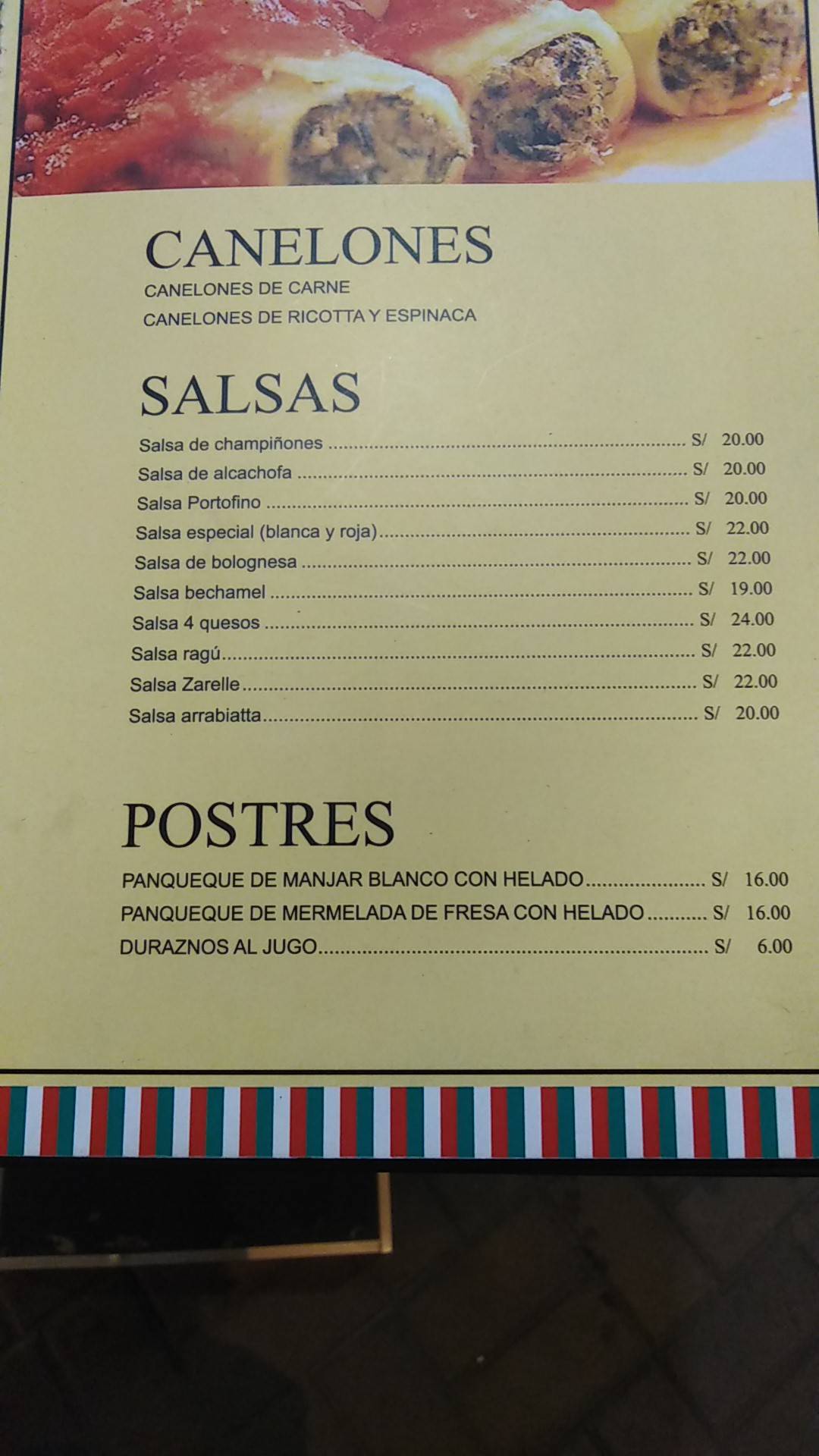 Carta de Pizzería Zarelle, Magdalena del Mar, Jr. Cuzco 471