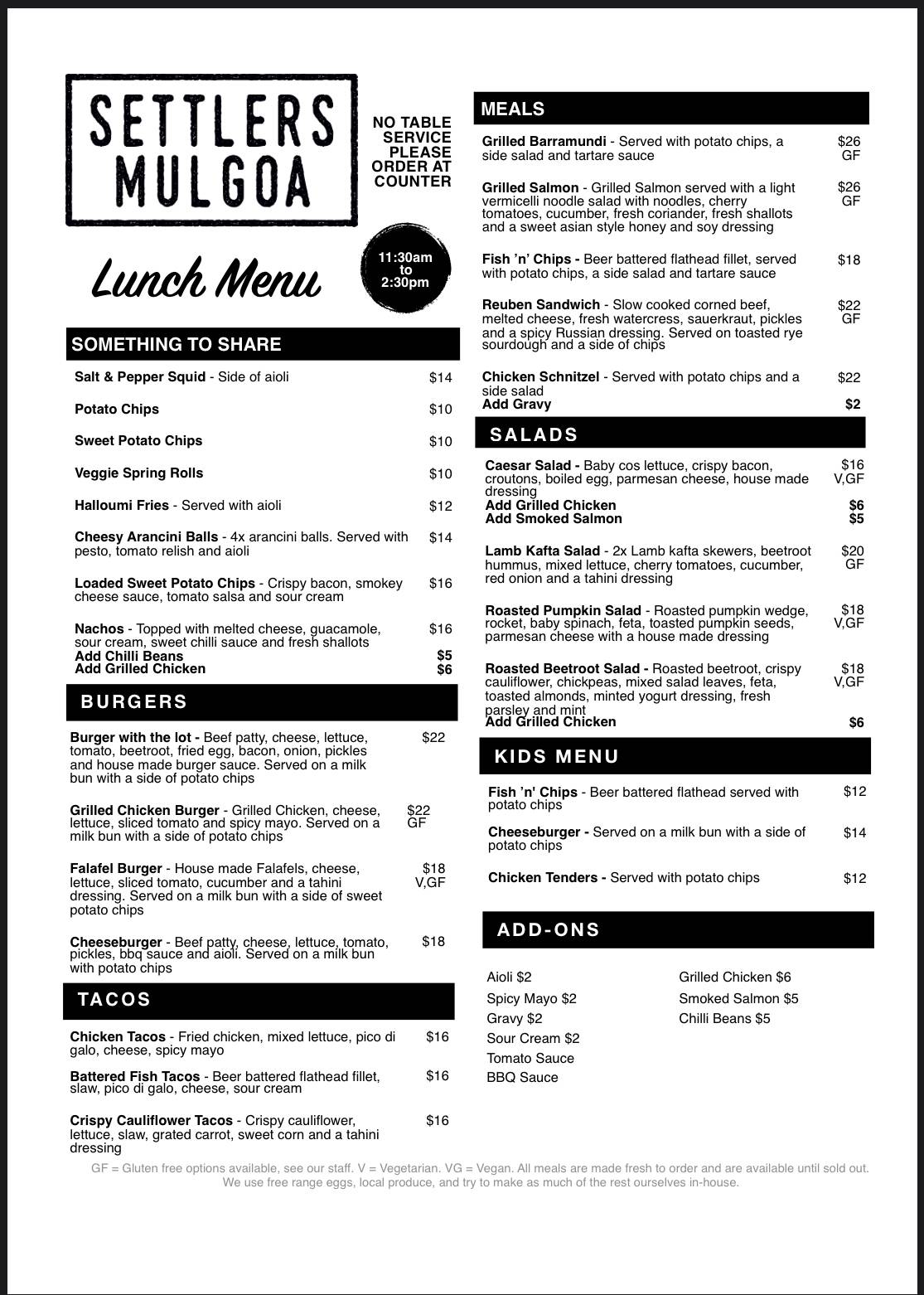 Menu at Settlers restaurant, Mulgoa