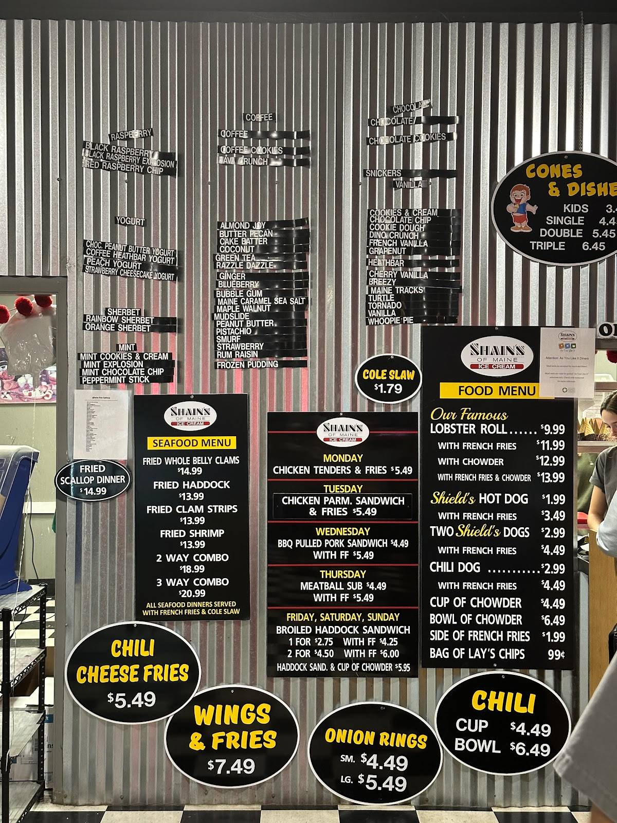 Menu at Shain's of Maine restaurant, Sanford