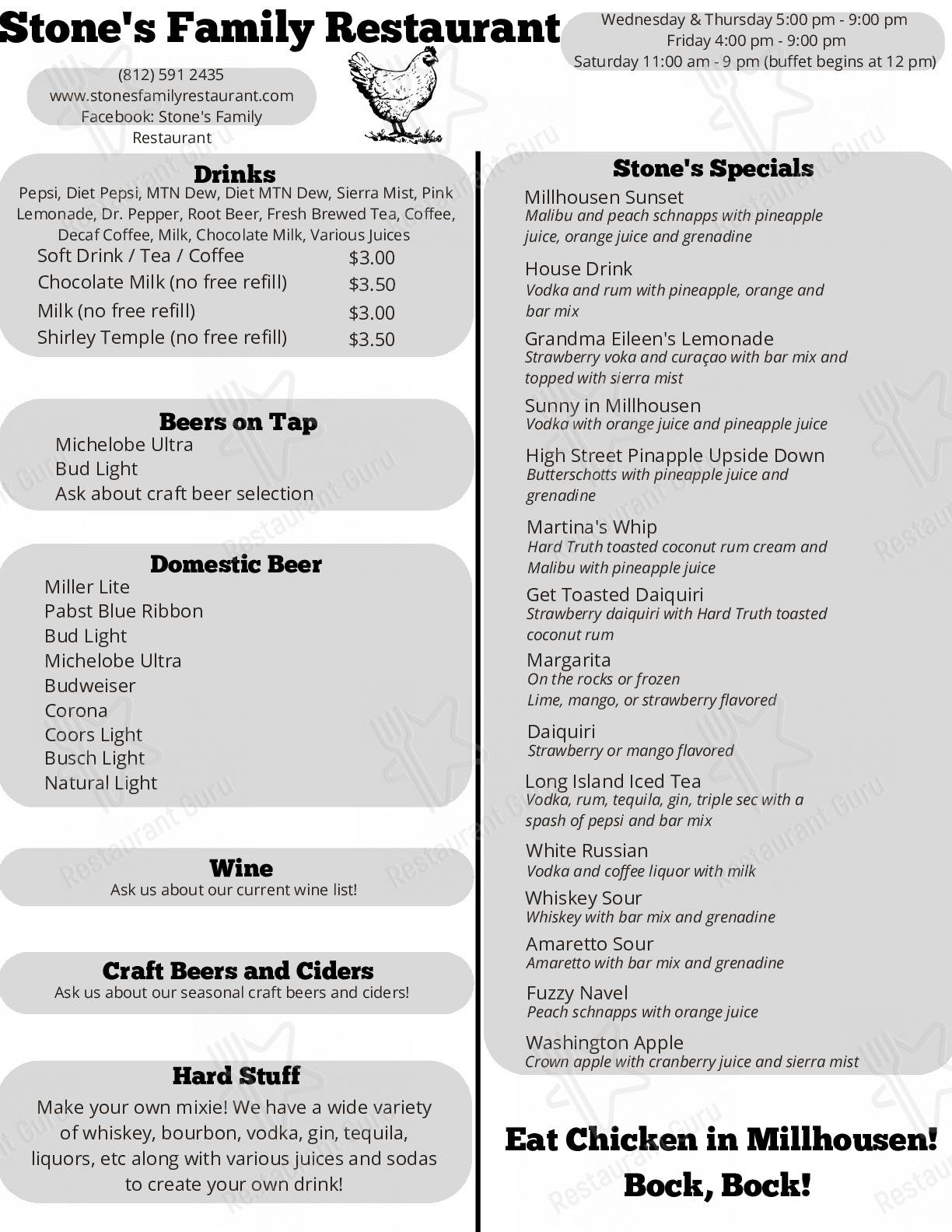 Menu at Stone's Family Restaurant, Millhousen, Millhousen