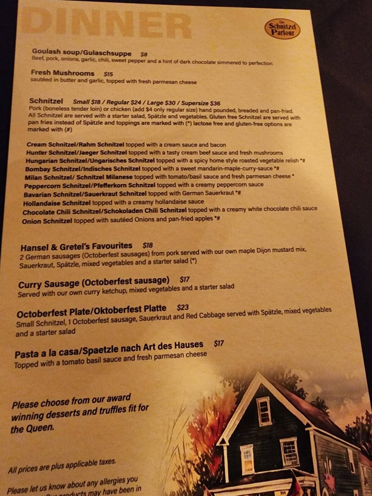 Menu at The Schnitzel Parlour restaurant, Fredericton, 304 Union St