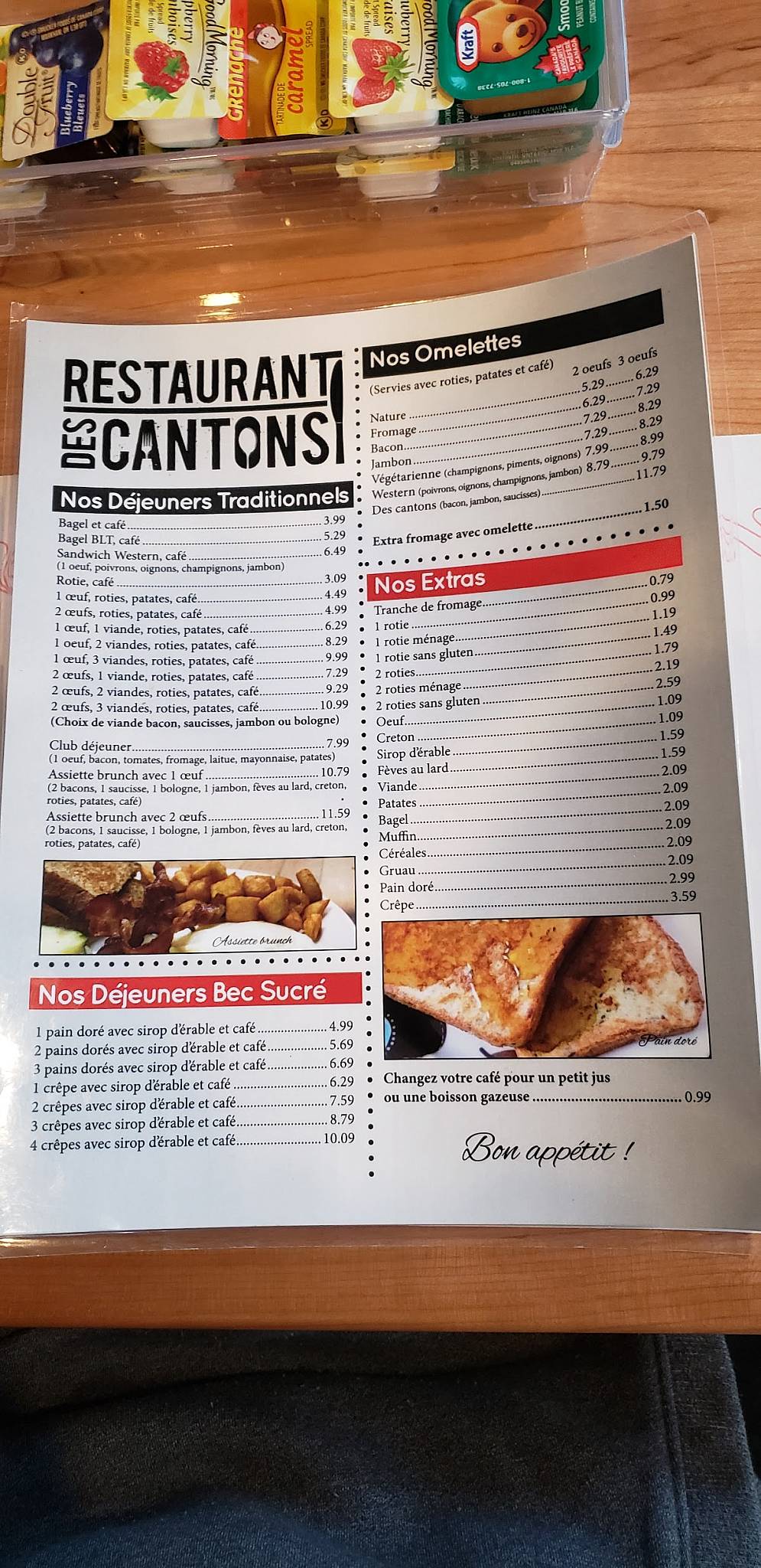 Menu au Restaurant des cantons, Weedon
