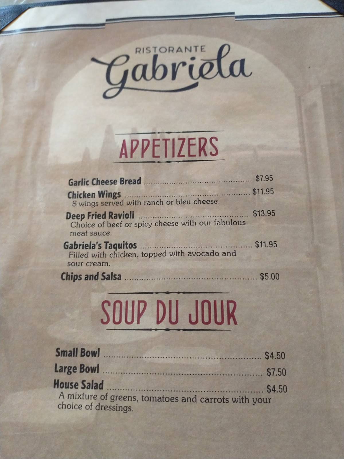 Menu at Ristorante Gabriela restaurant, Madera, N Schnoor St