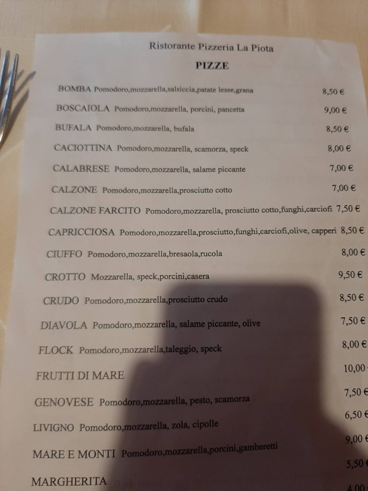 Menu da Ristorante Pizzeria La Piota, Dubino