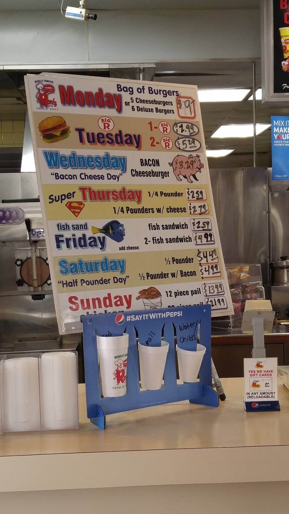 Menu at Ron's DriveIn restaurant, Spokane Valley