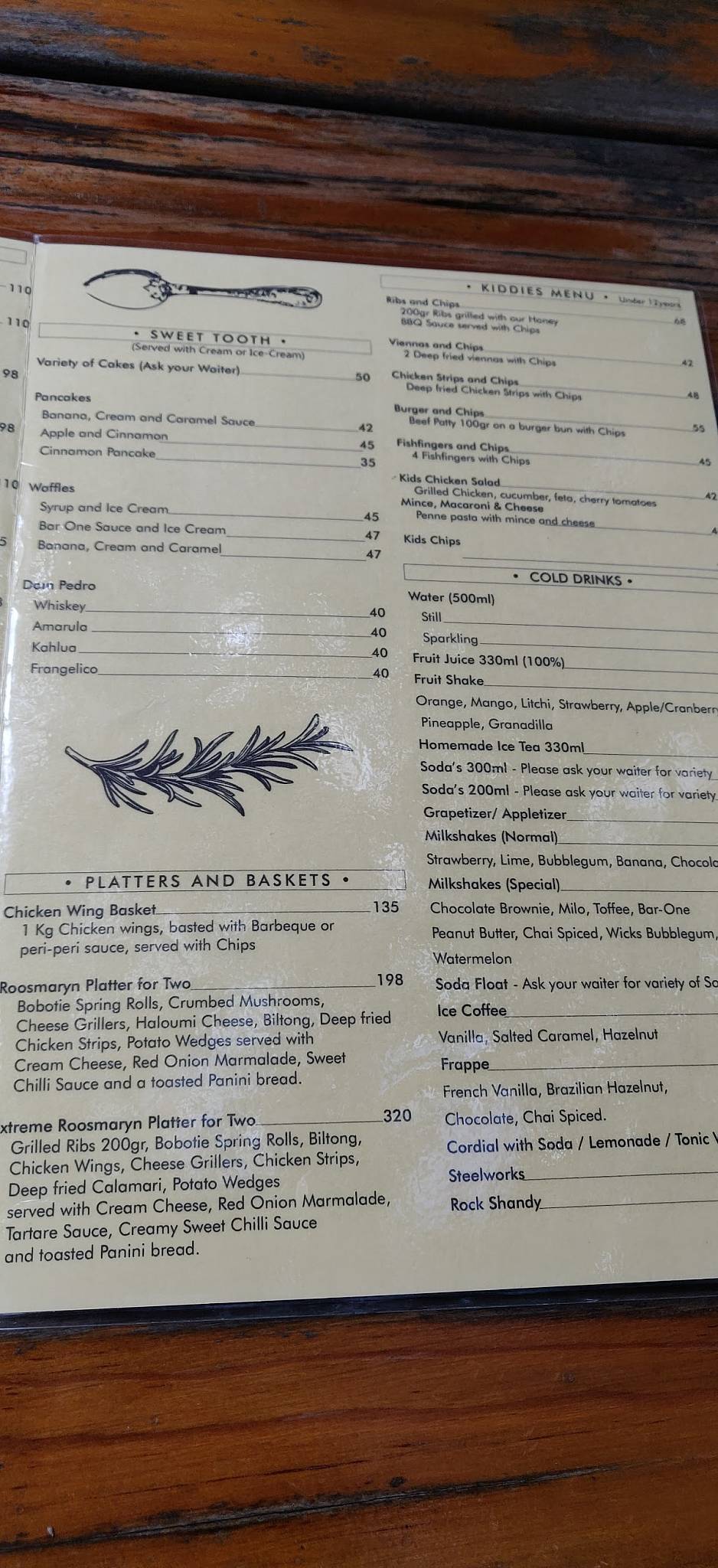 Menu at Roosmaryn restaurant, Potchefstroom