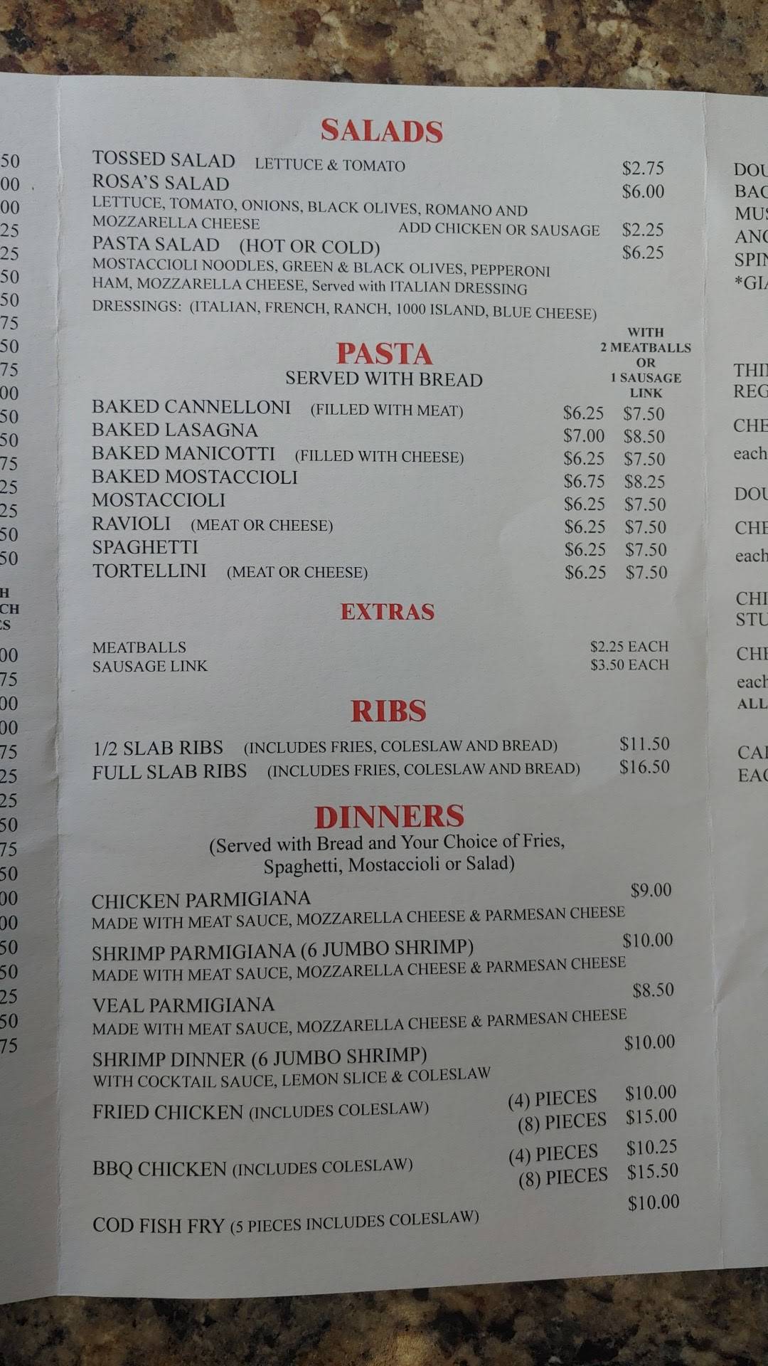 Menu at Rosa's Pizza & Italian Restaurant, Capron
