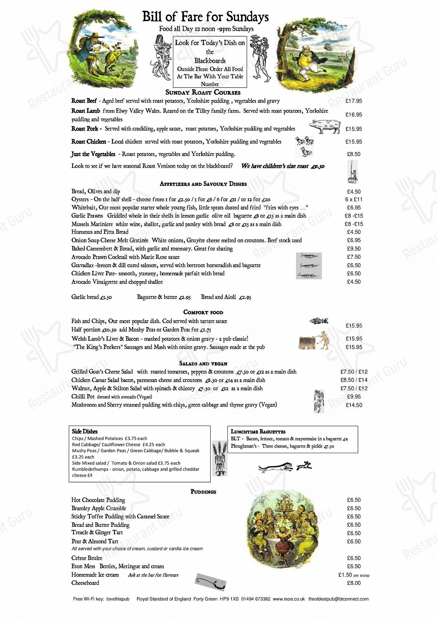Menu at The Royal Standard of England pub & bar,