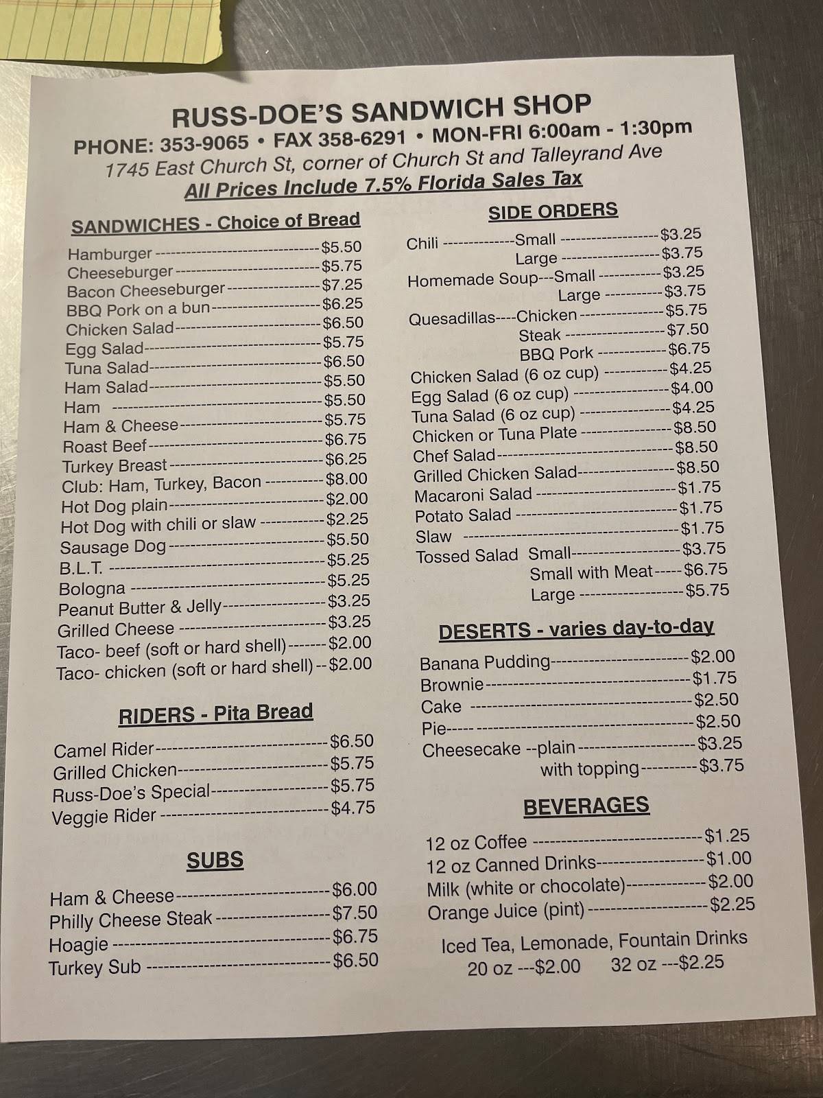 Menu at RussDoe's Sandwich Shop fast food, Jacksonville