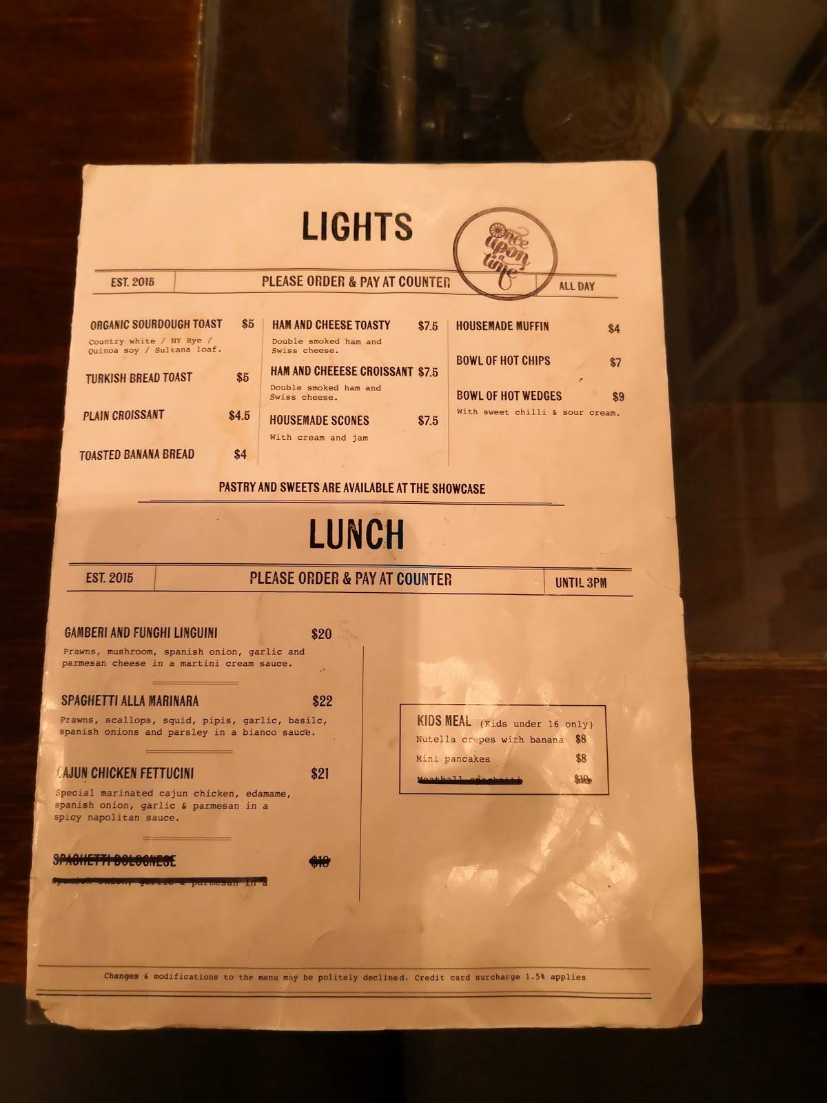 Menu at Cafe Once Upon a Time, West Ryde