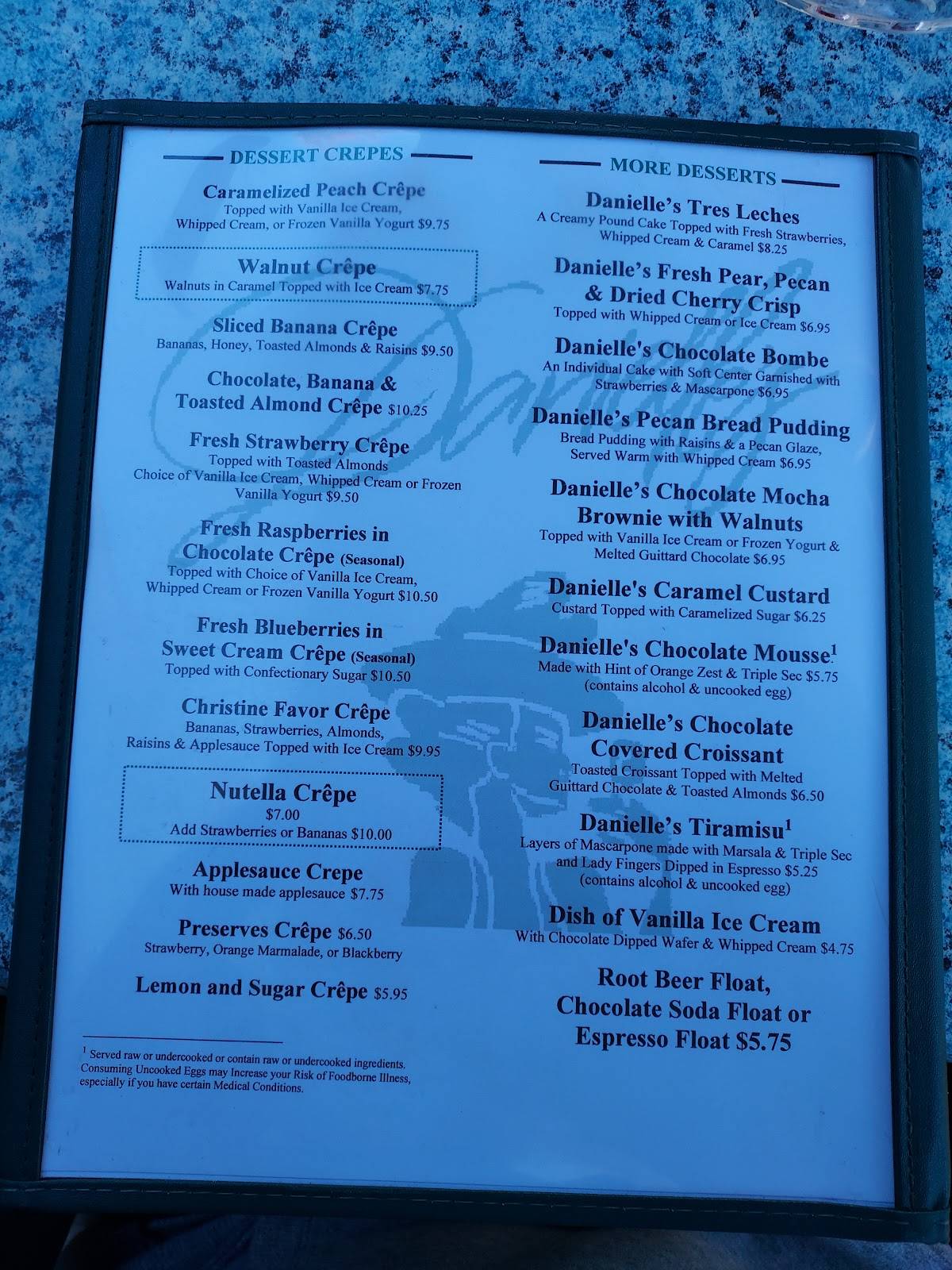 Menu at Danielle's Crêperie restaurant, Sacramento, Fair Oaks Blvd